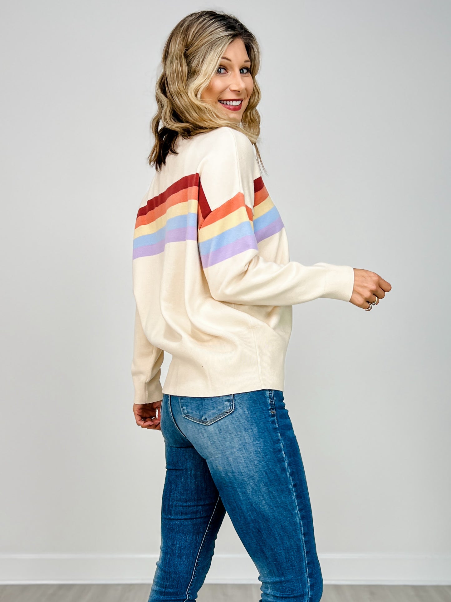 Round Neck Knit Sweater With Multi Stripe Detail