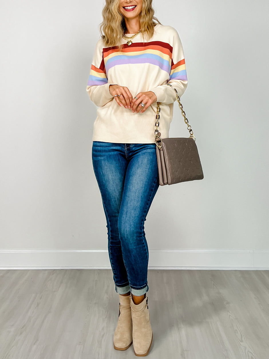 Round Neck Knit Sweater With Multi Stripe Detail