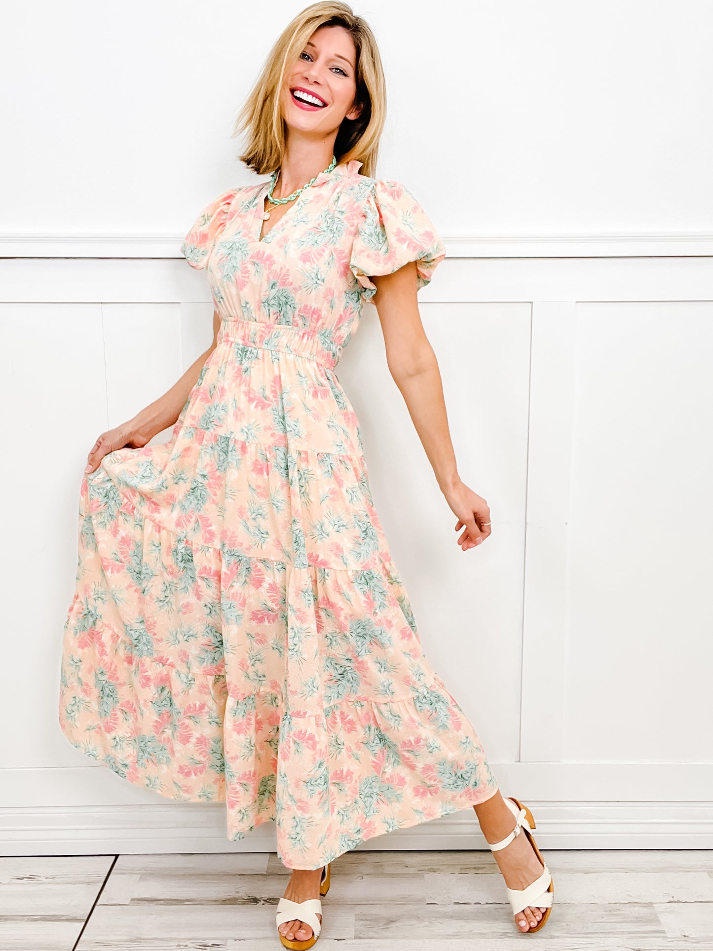 Sweet Romance Short Sleeve Ruffled Neckline Long Dress