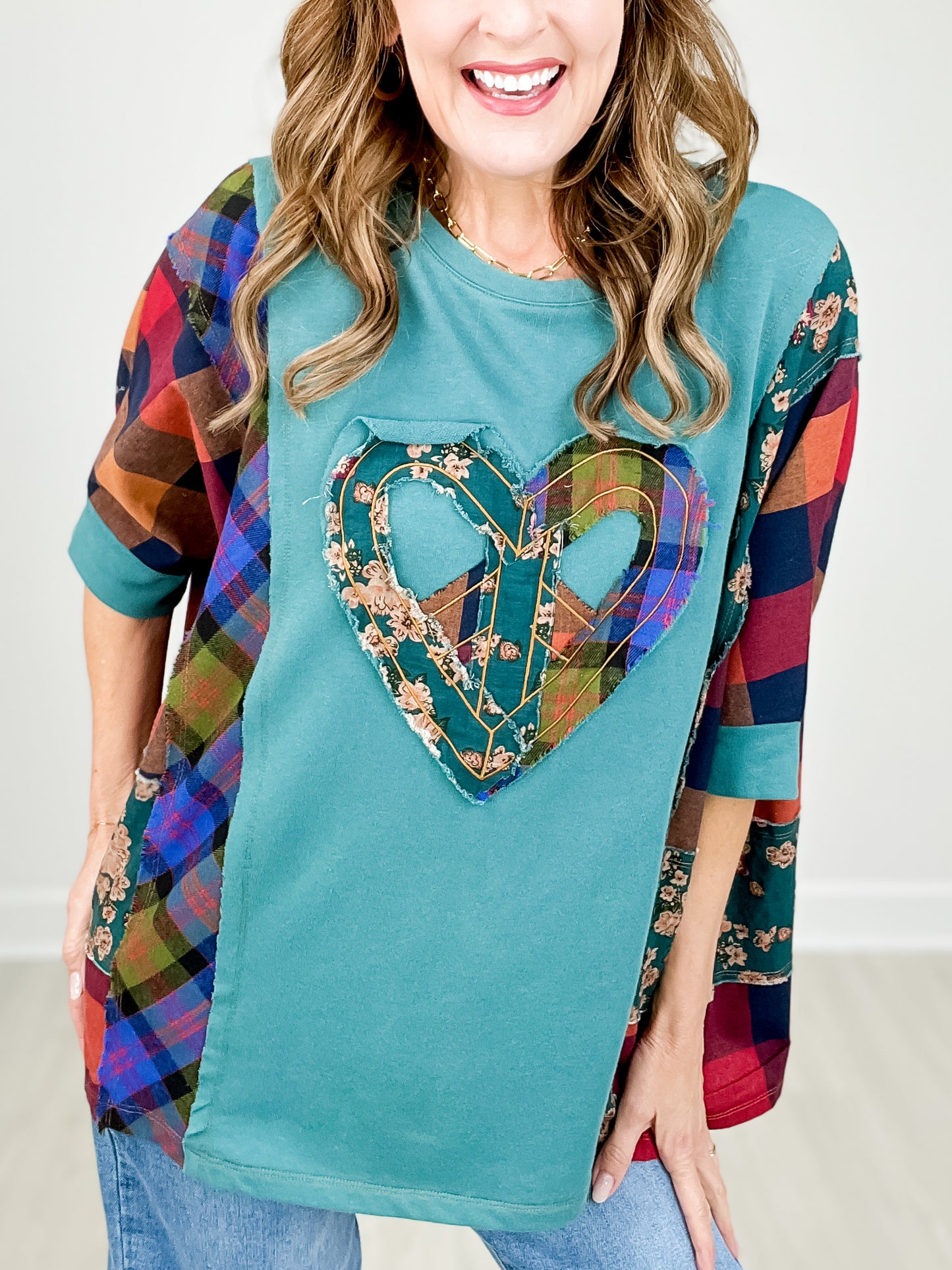 Print Mix Heart Peace Patch Terry Knit Top