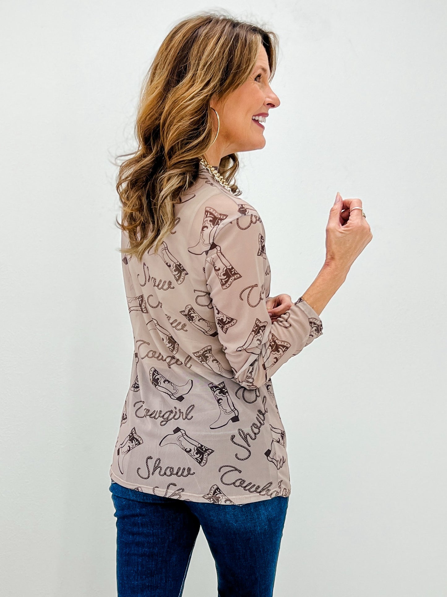 Western Print Semi Sheer Mesh Top