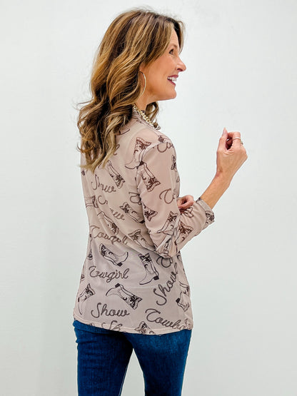 Western Print Semi Sheer Mesh Top