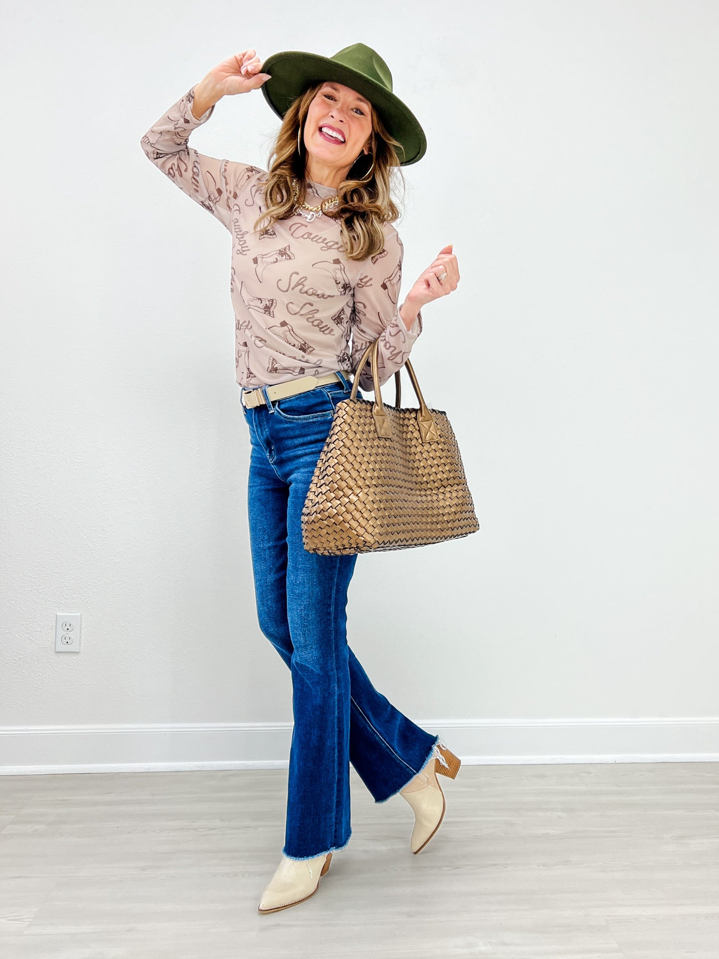 Western Print Semi Sheer Mesh Top