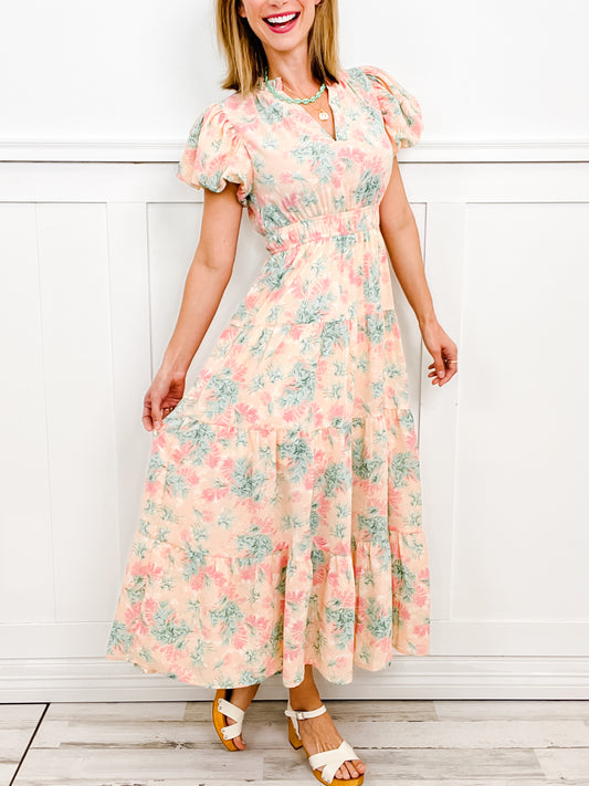 Sweet Romance Short Sleeve Ruffled Neckline Long Dress