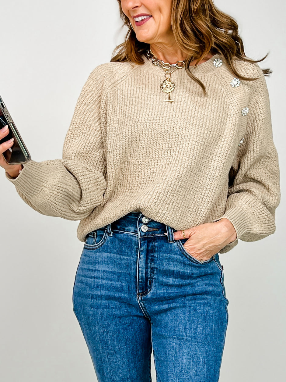 Boat Neck Knit Sweater with Floral Buttons