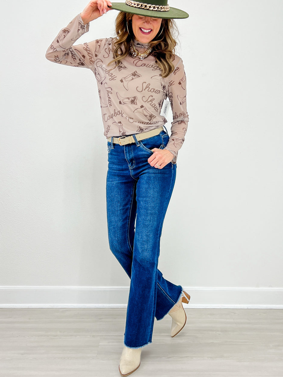 Western Print Semi Sheer Mesh Top