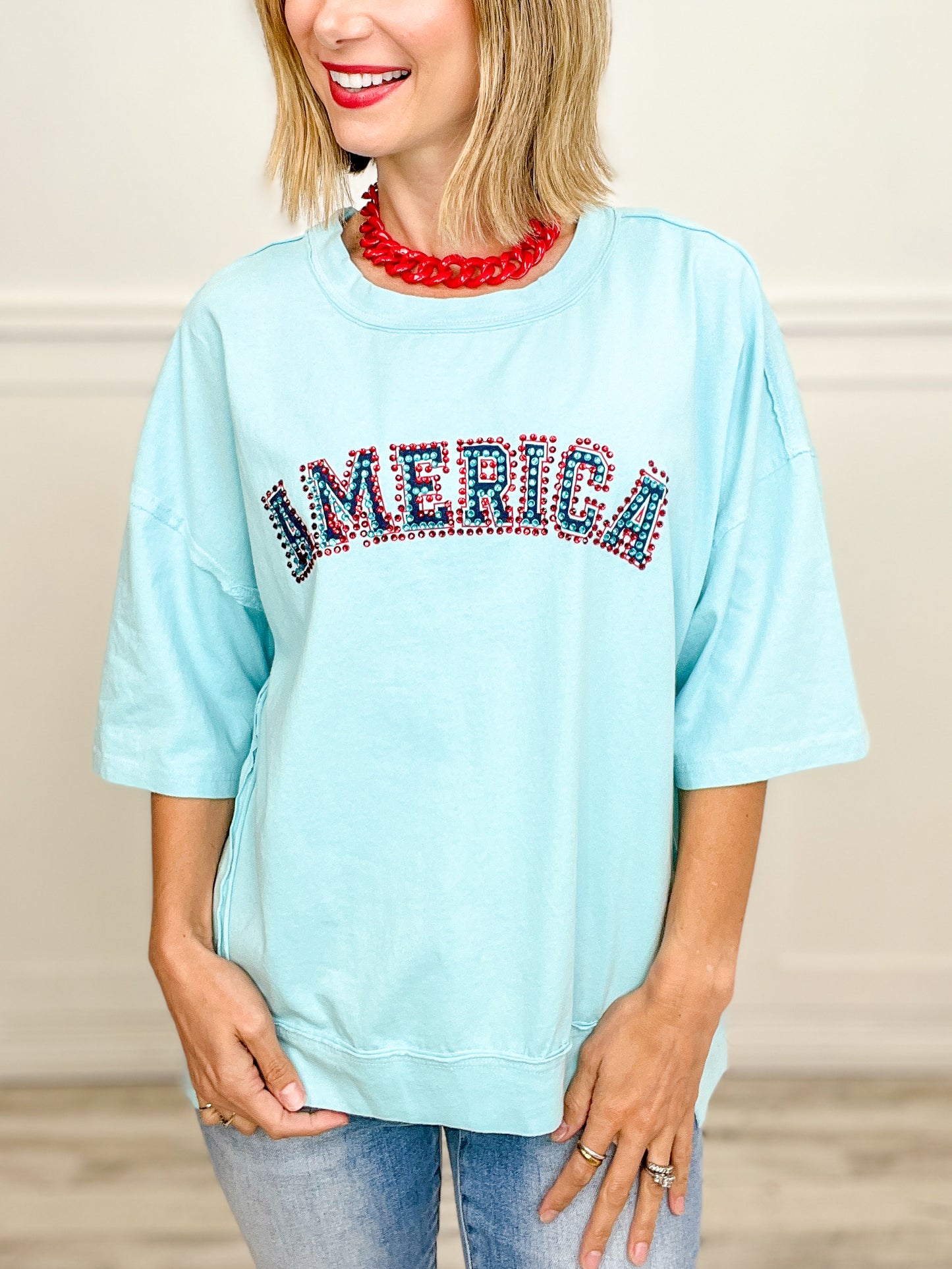 Rhinestone 'America' Cut Edge Top