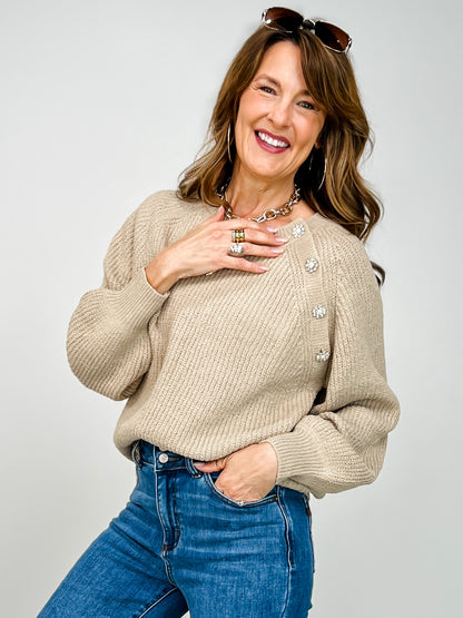 Boat Neck Knit Sweater with Floral Buttons