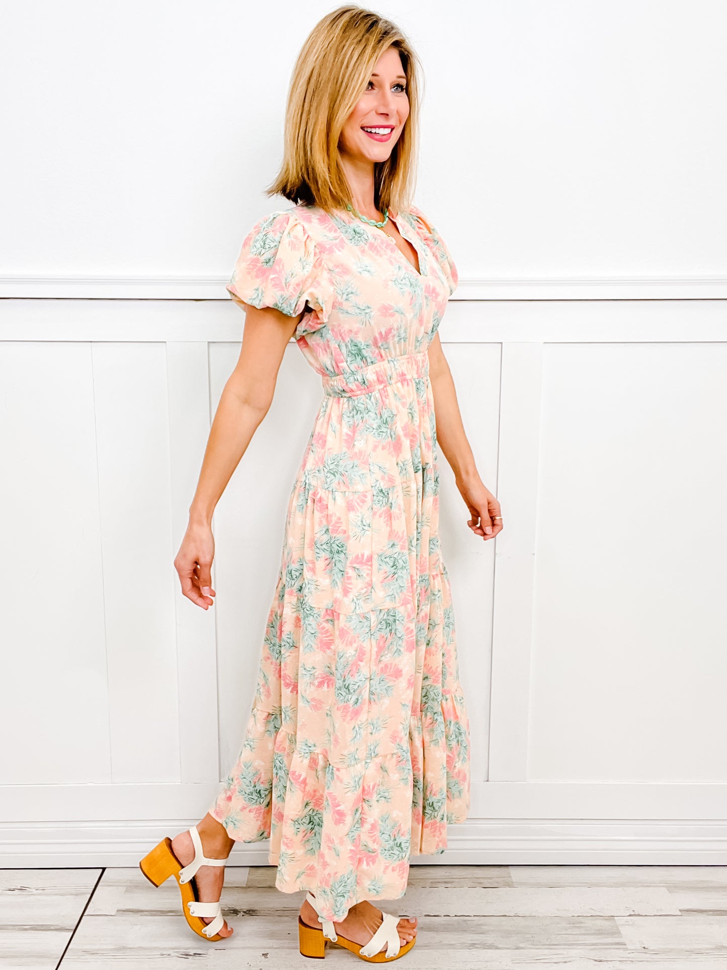 Sweet Romance Short Sleeve Ruffled Neckline Long Dress