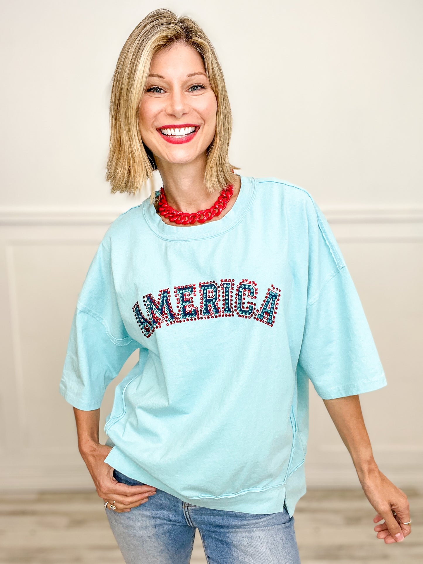 Rhinestone 'America' Cut Edge Top