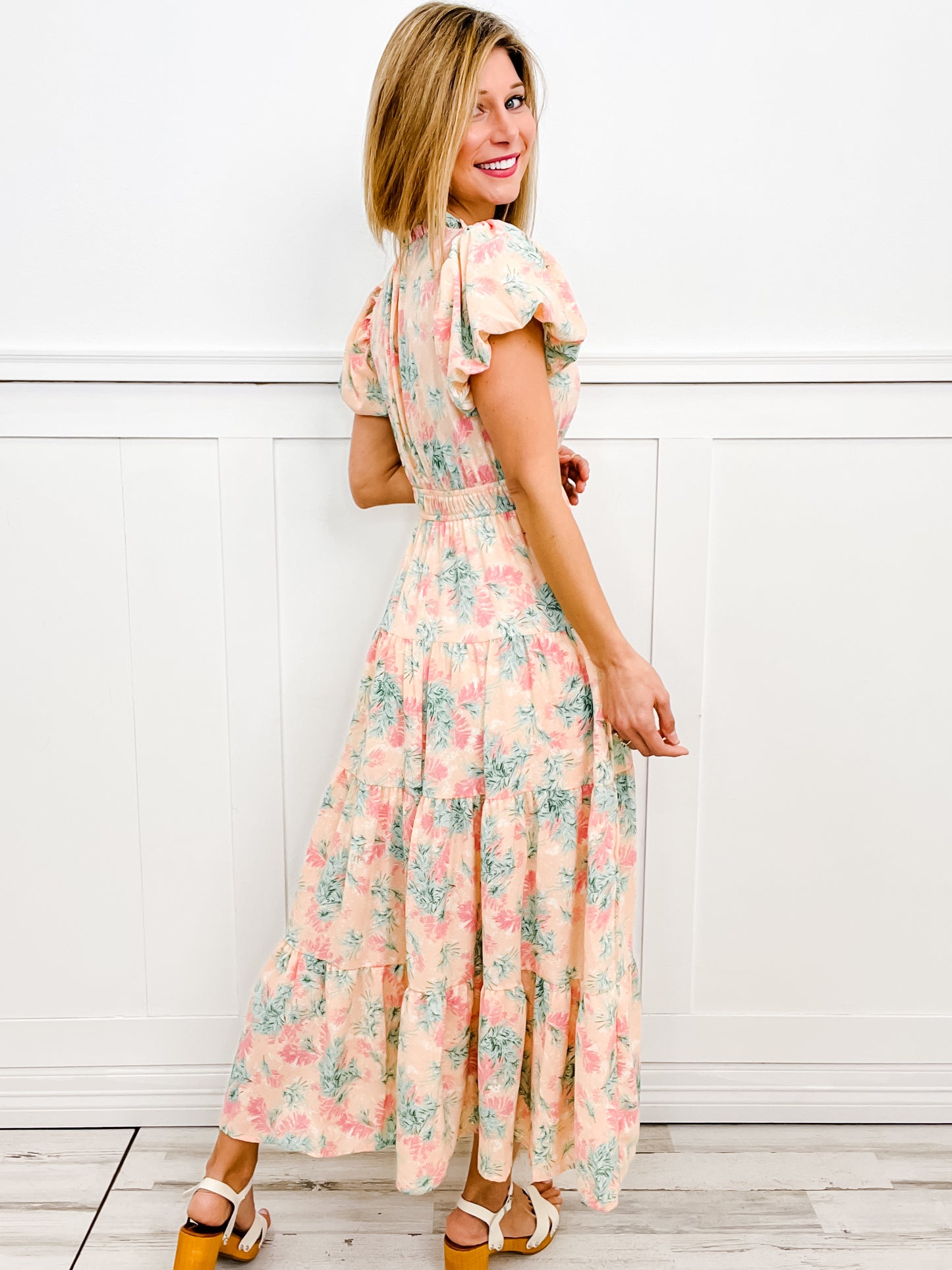 Sweet Romance Short Sleeve Ruffled Neckline Long Dress