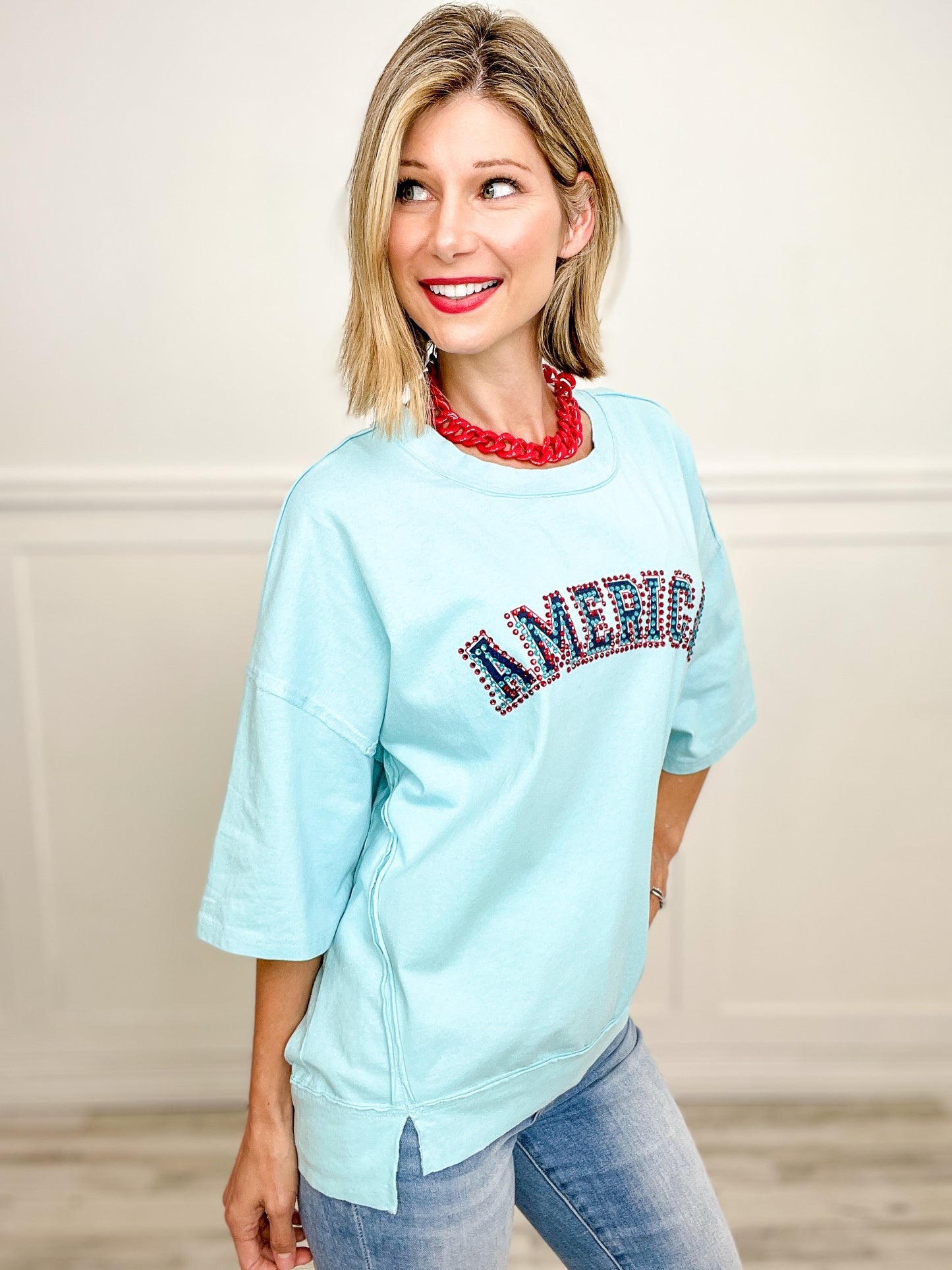 Rhinestone 'America' Cut Edge Top