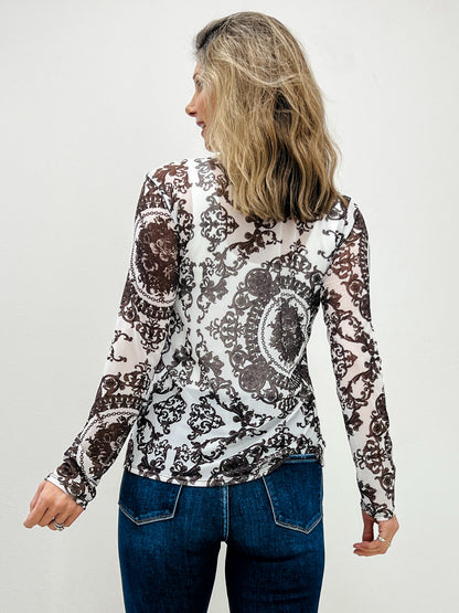 Floral Print Semi Sheer Mesh Top
