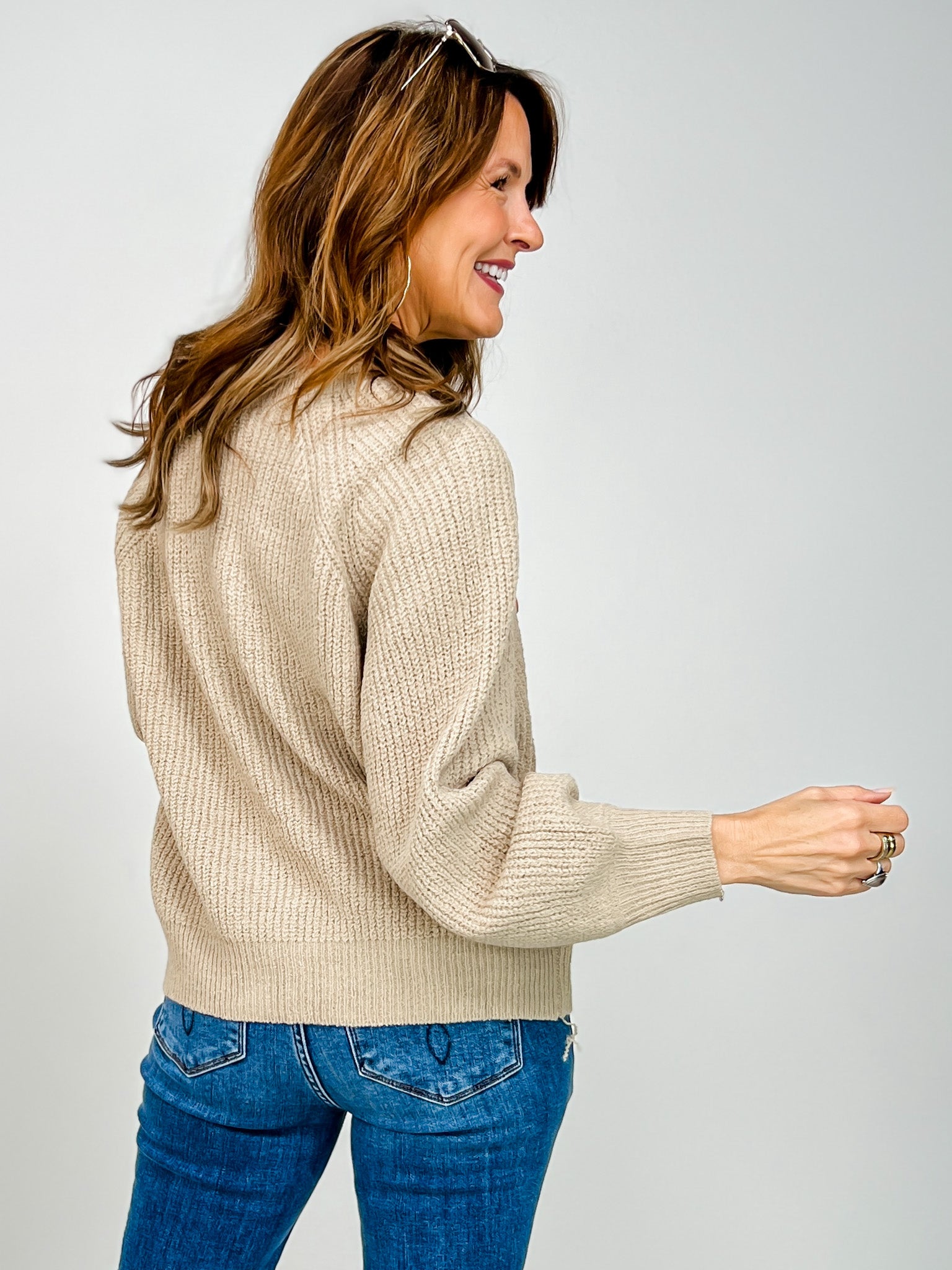 Boat Neck Knit Sweater with Floral Buttons