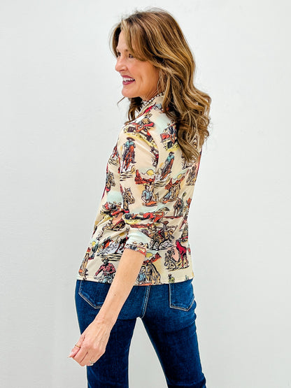 Vintage Western Print Semi Sheer Mesh Top
