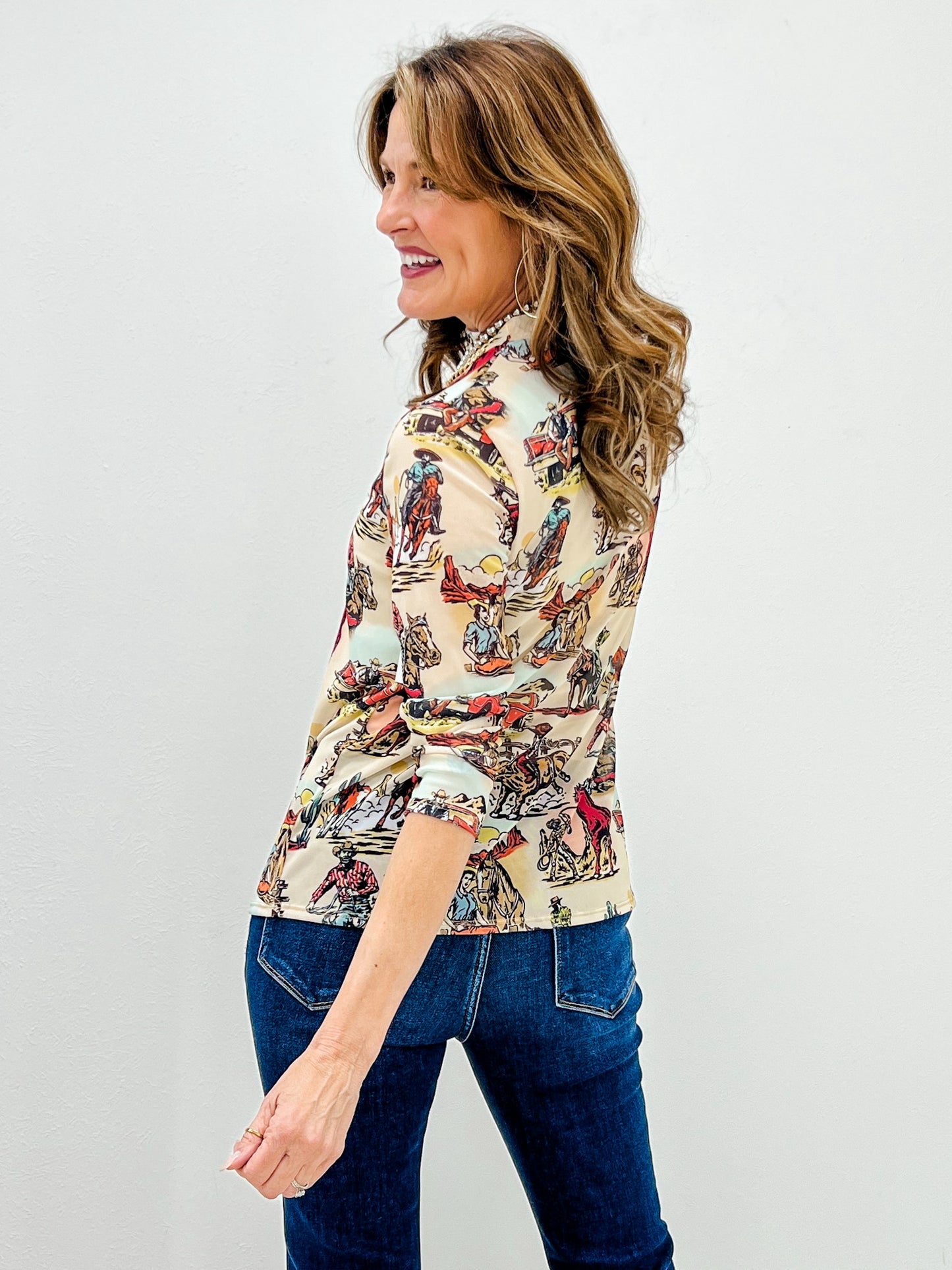 Vintage Western Print Semi Sheer Mesh Top