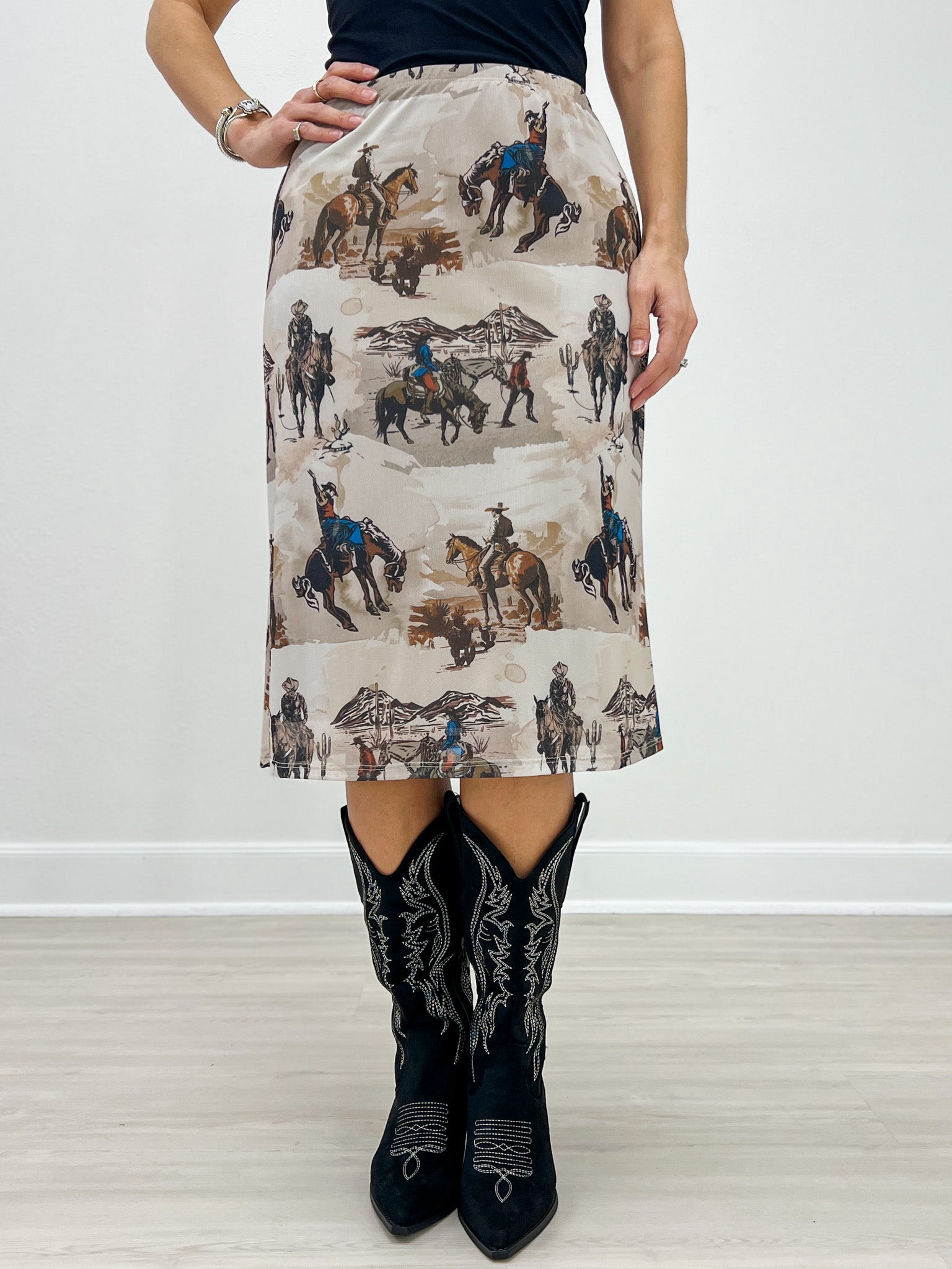 Western Cowboy Print Lined Mesh Midi Skirt