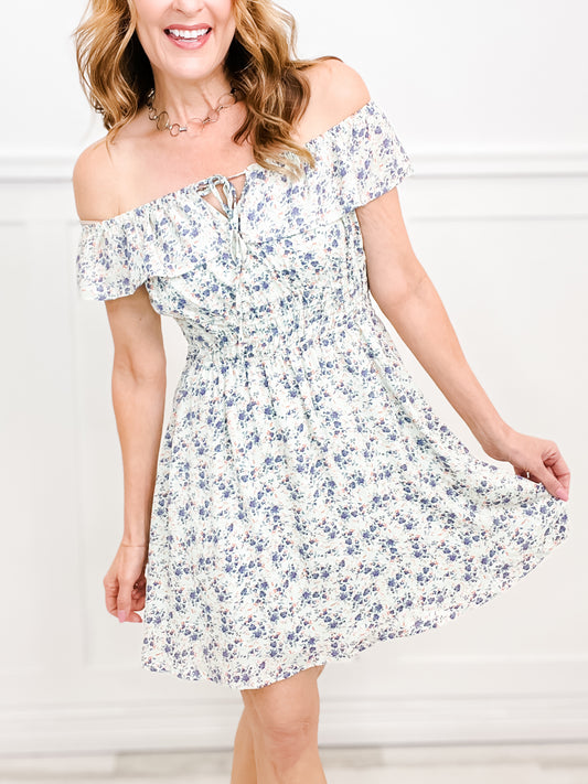Life Is A Flower Off-Shoulder Mini Dress with Smocked Waist