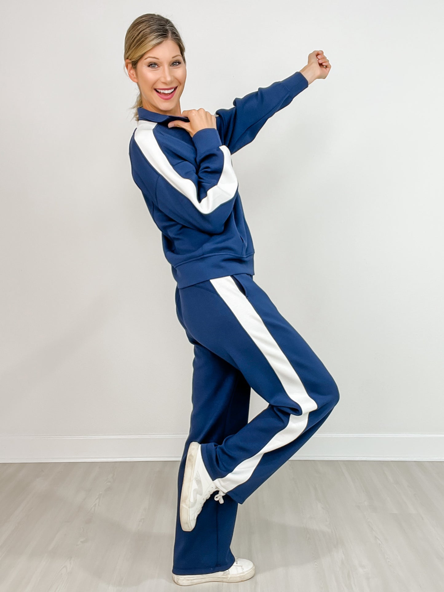 Modal Scuba Striping Zip-Up Jacket with Matching Pants in NAVY/CREAM