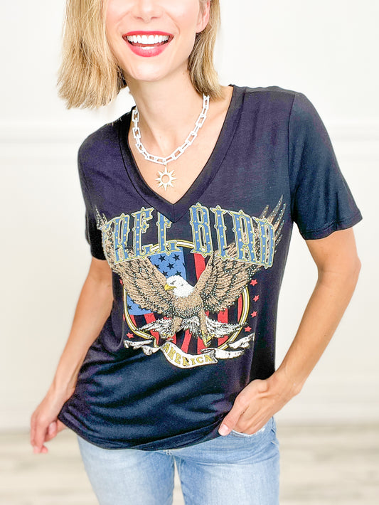 Eagle Flag Printed V-Neck Short Sleeve Top