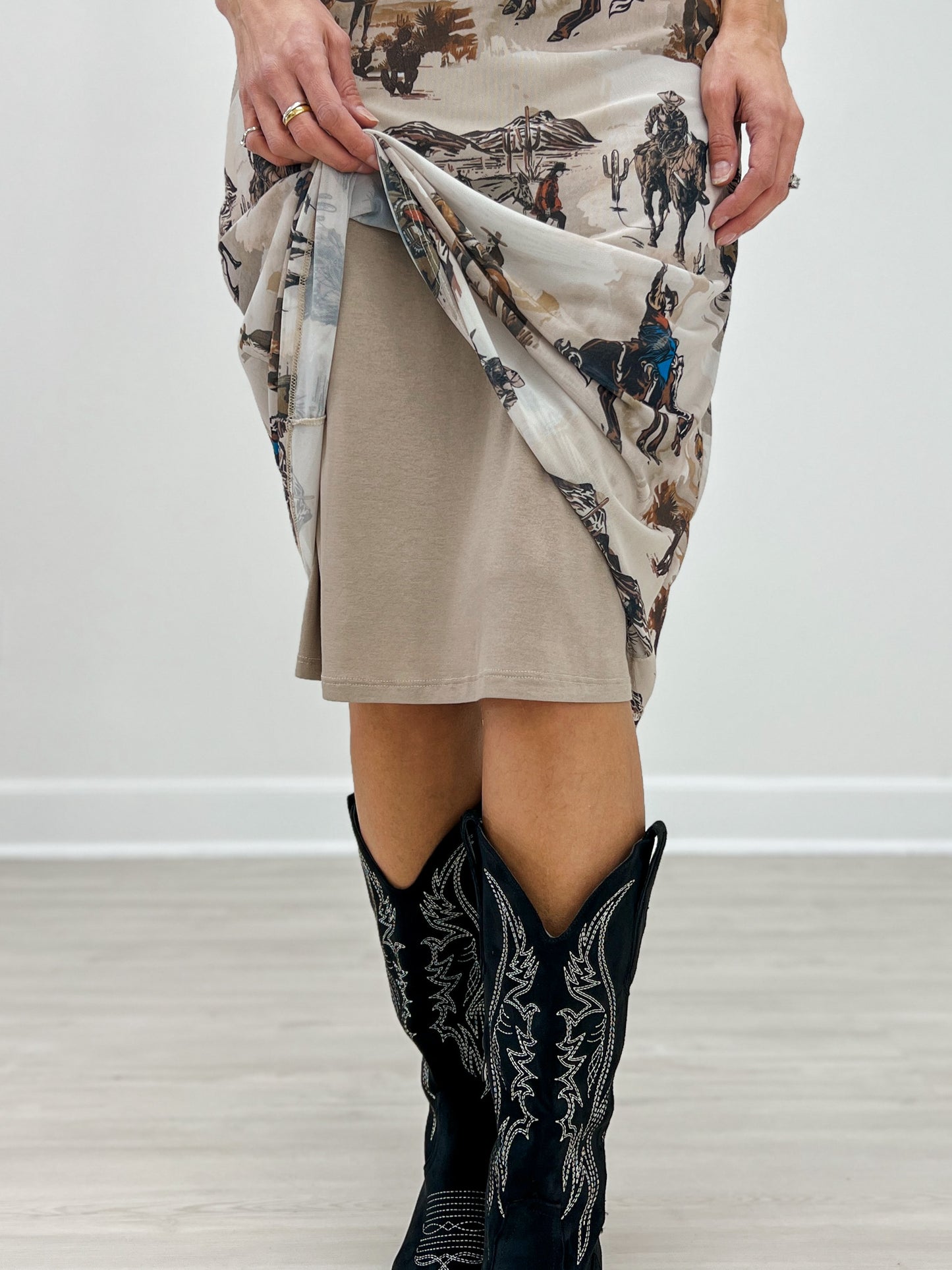 Western Cowboy Print Lined Mesh Midi Skirt