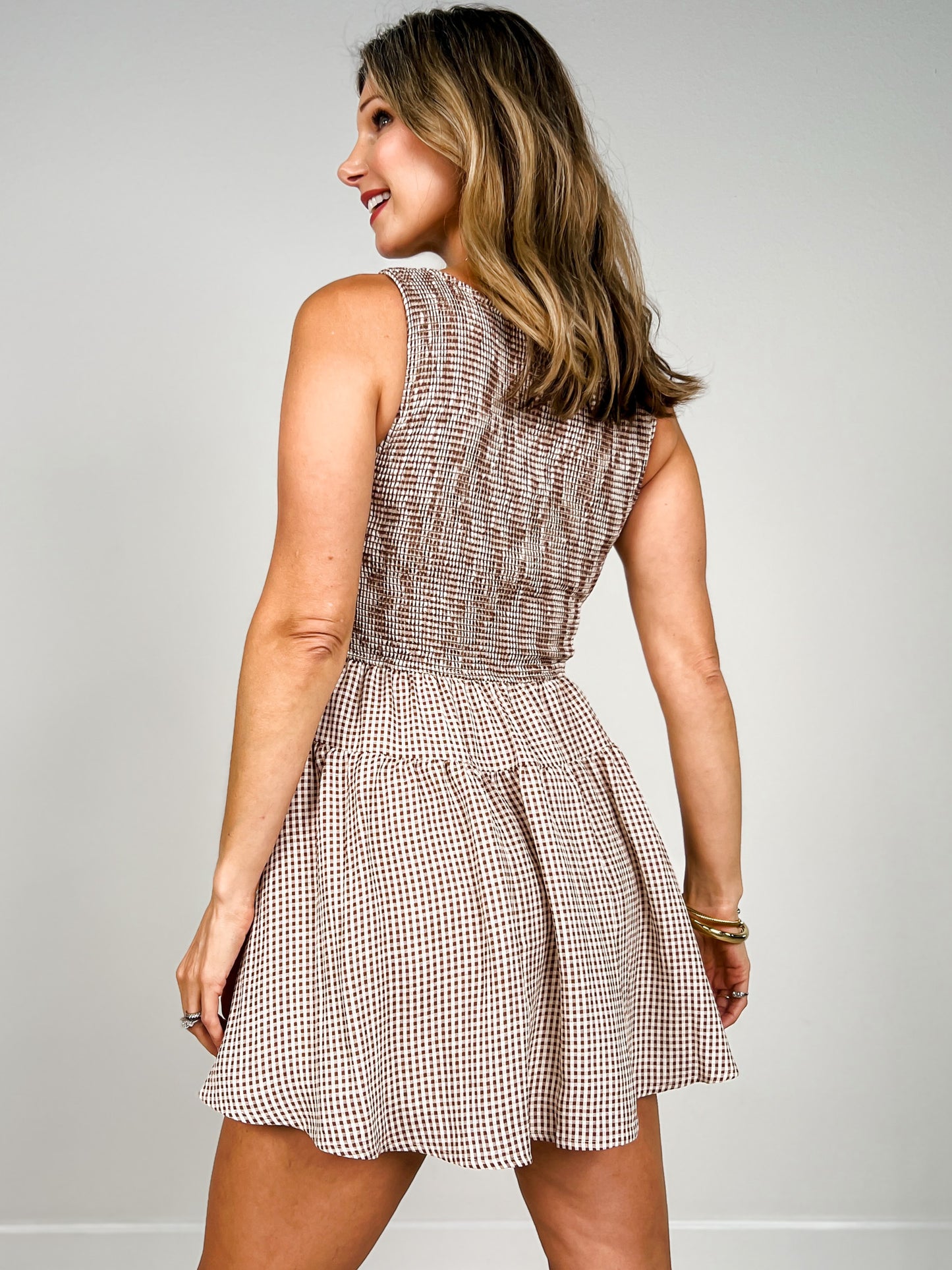 Gingham Sleeveless Smocked Mini Dress