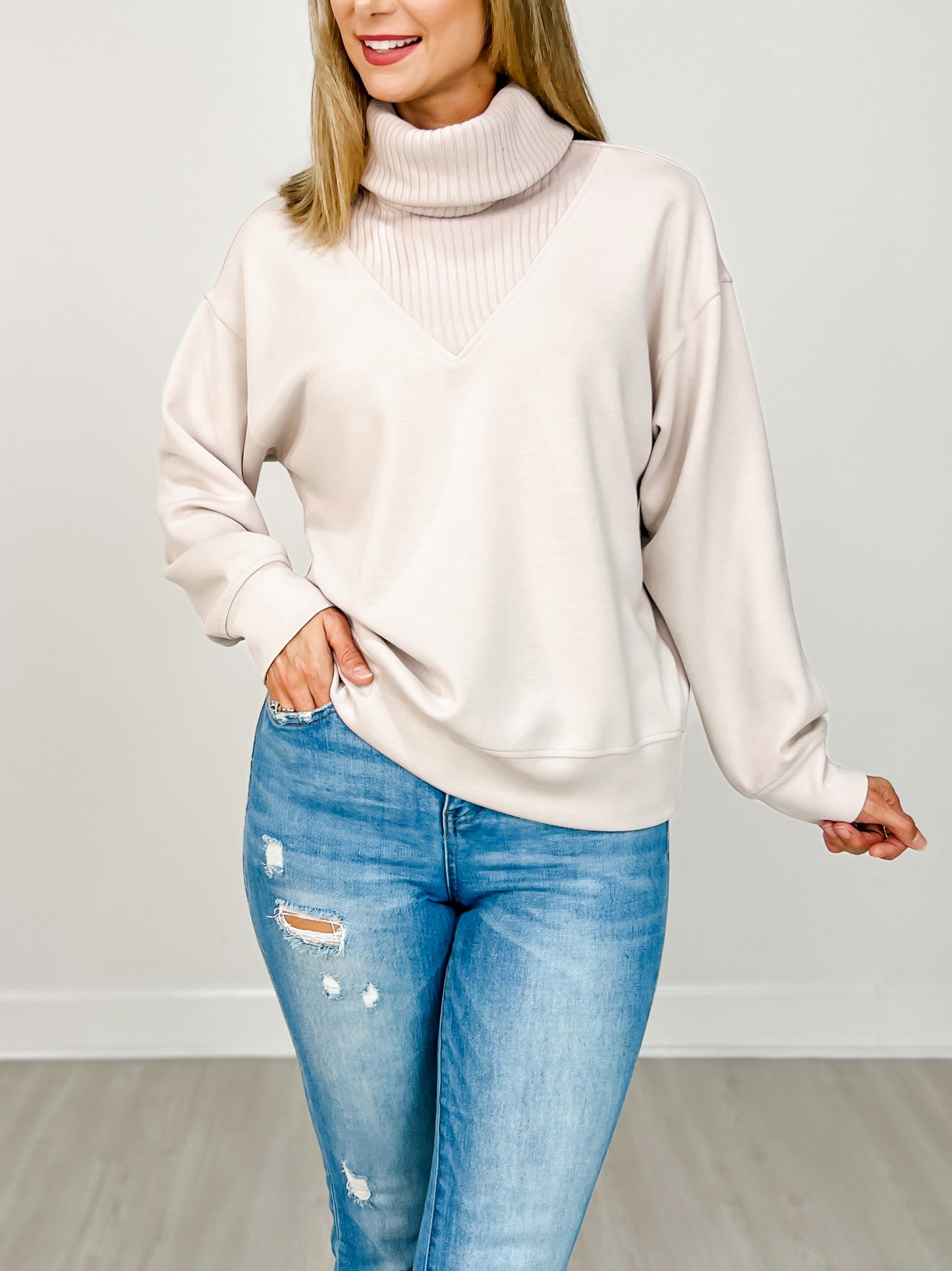 Modal Scuba Luxe Turtleneck Sweatshirt in Mocha Cream