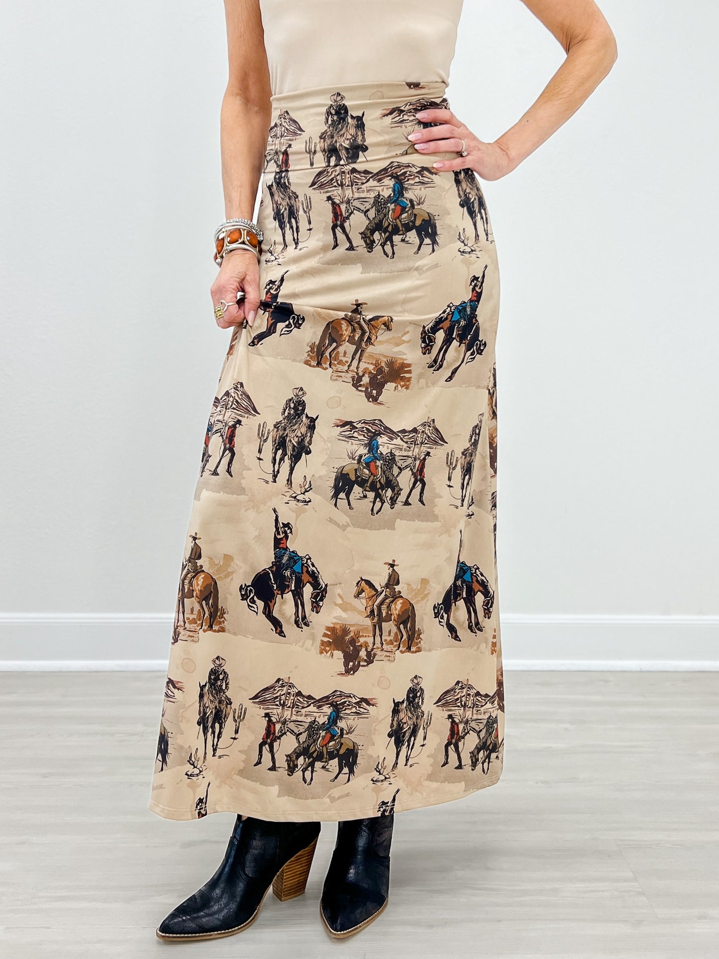 Western Cowboy Print A-Line Full Knit Skirt
