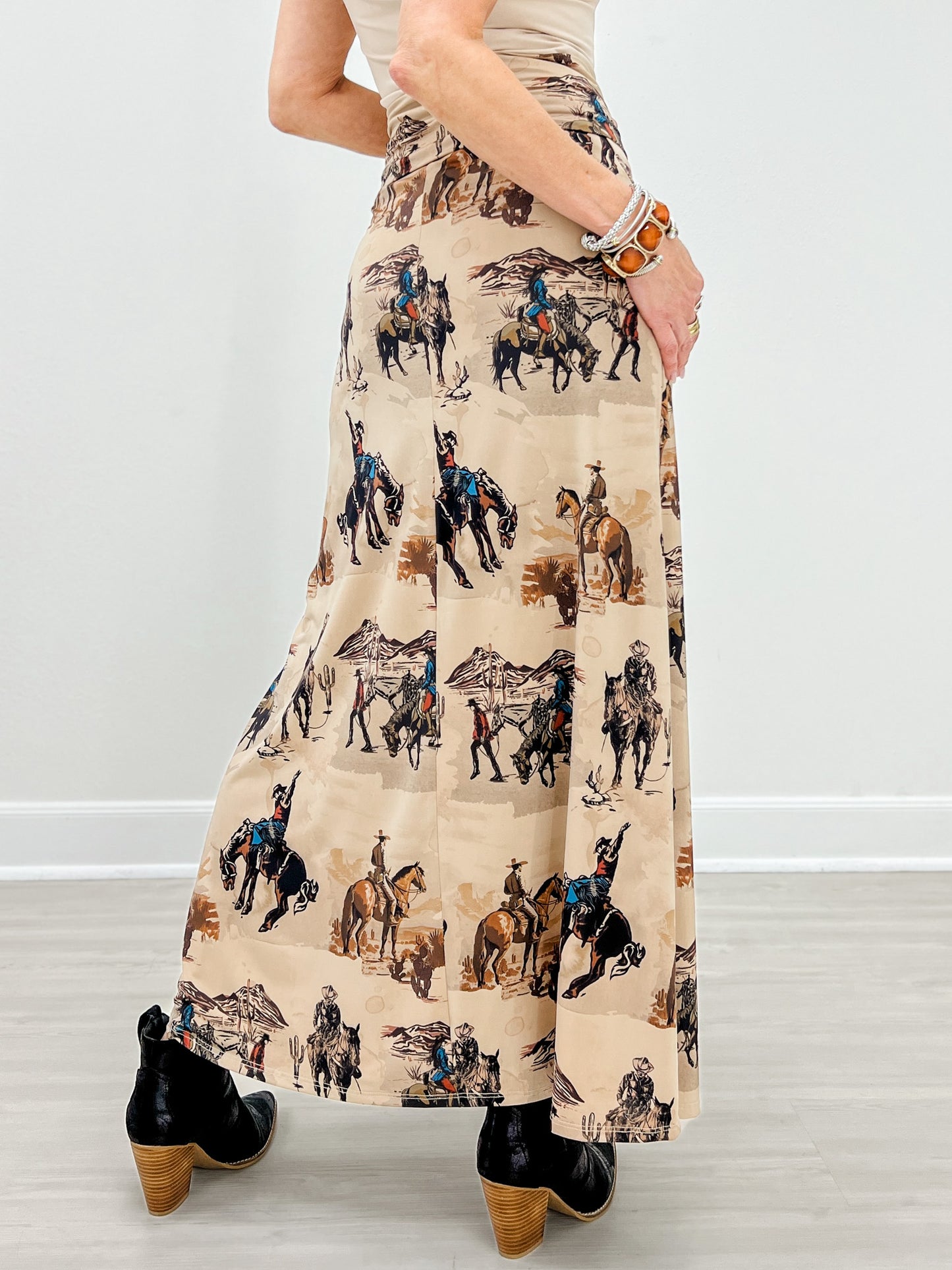Western Cowboy Print A-Line Full Knit Skirt
