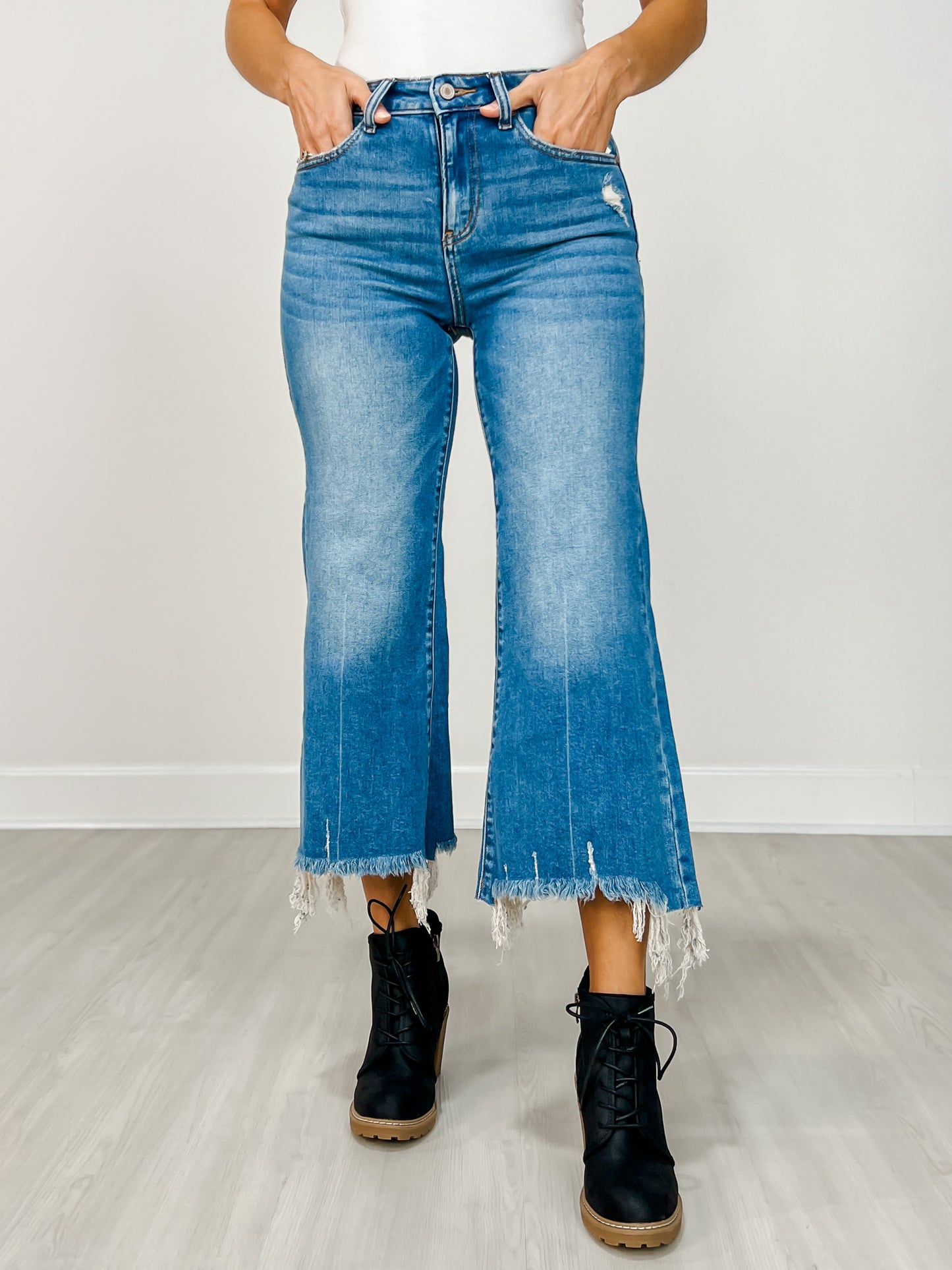 Mid Rise Straight Raw Hem Denim Pants