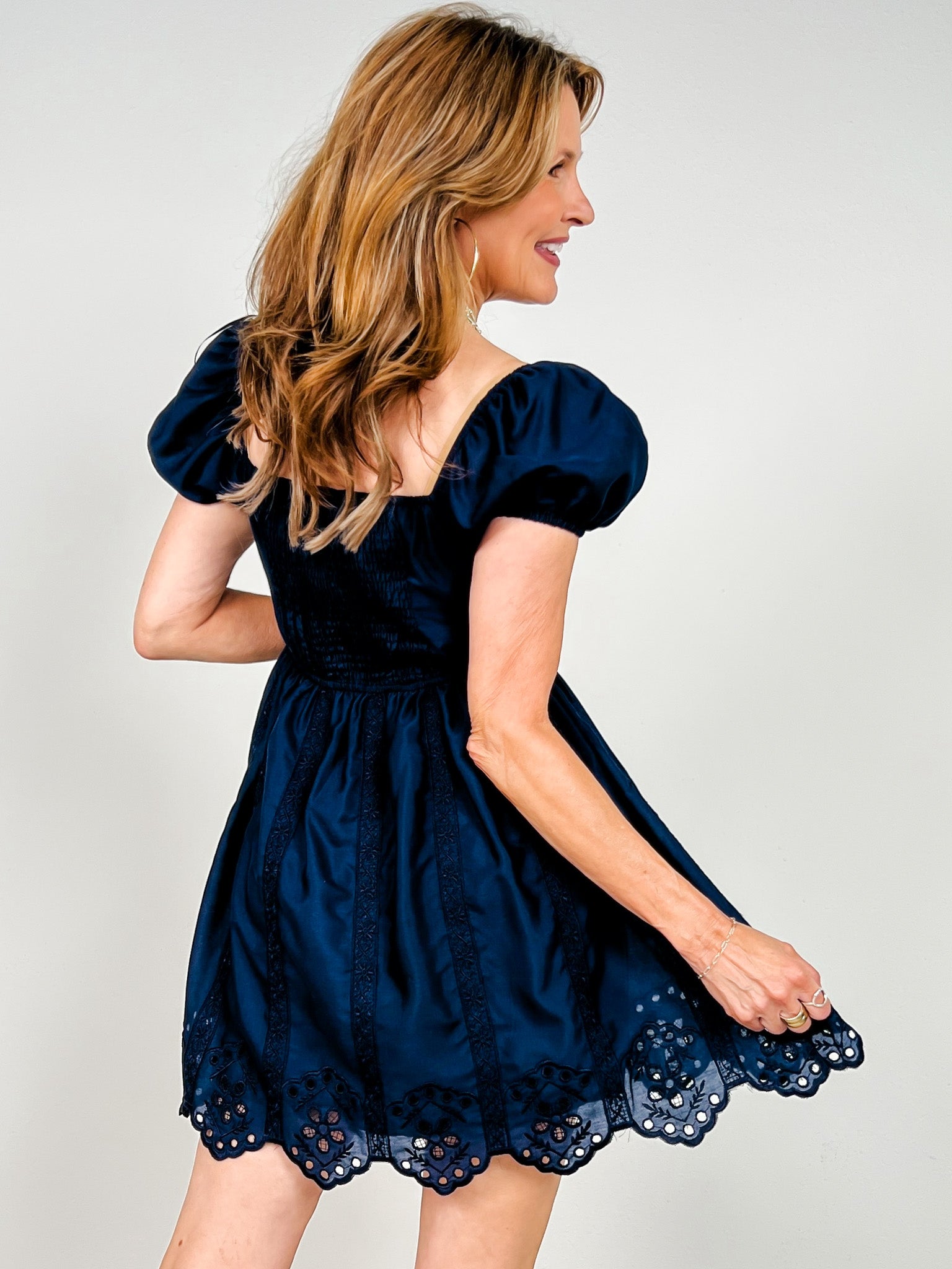 Embroidered Puff Sleeve Scallop Hem Mini Dress