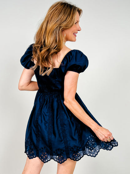 Embroidered Puff Sleeve Scallop Hem Mini Dress