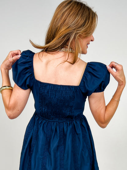 Embroidered Puff Sleeve Scallop Hem Mini Dress
