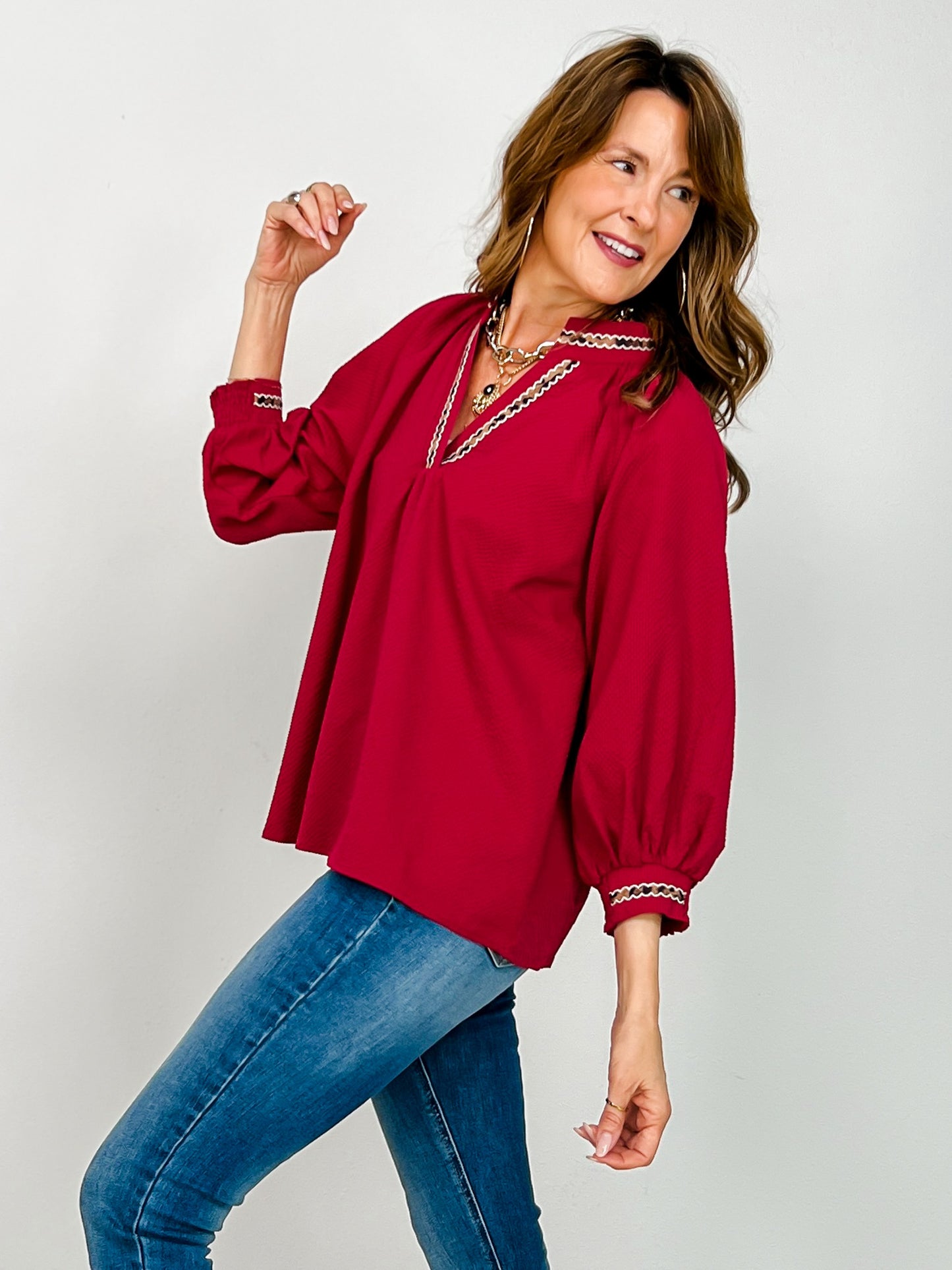 Puff Sleeves V Neck Collared Top
