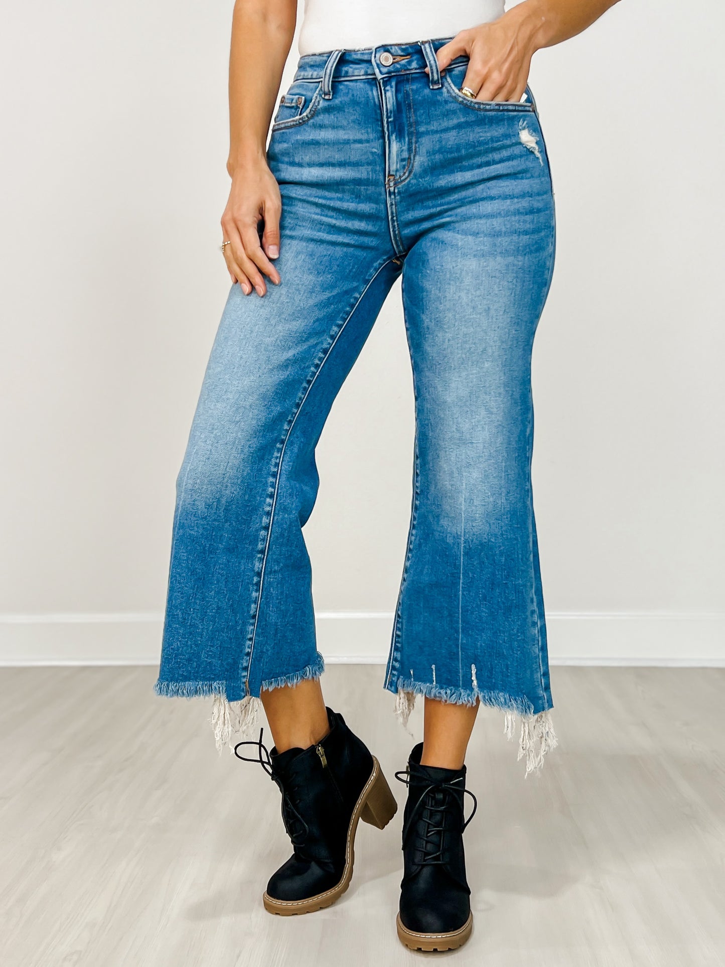 Mid Rise Straight Raw Hem Denim Pants