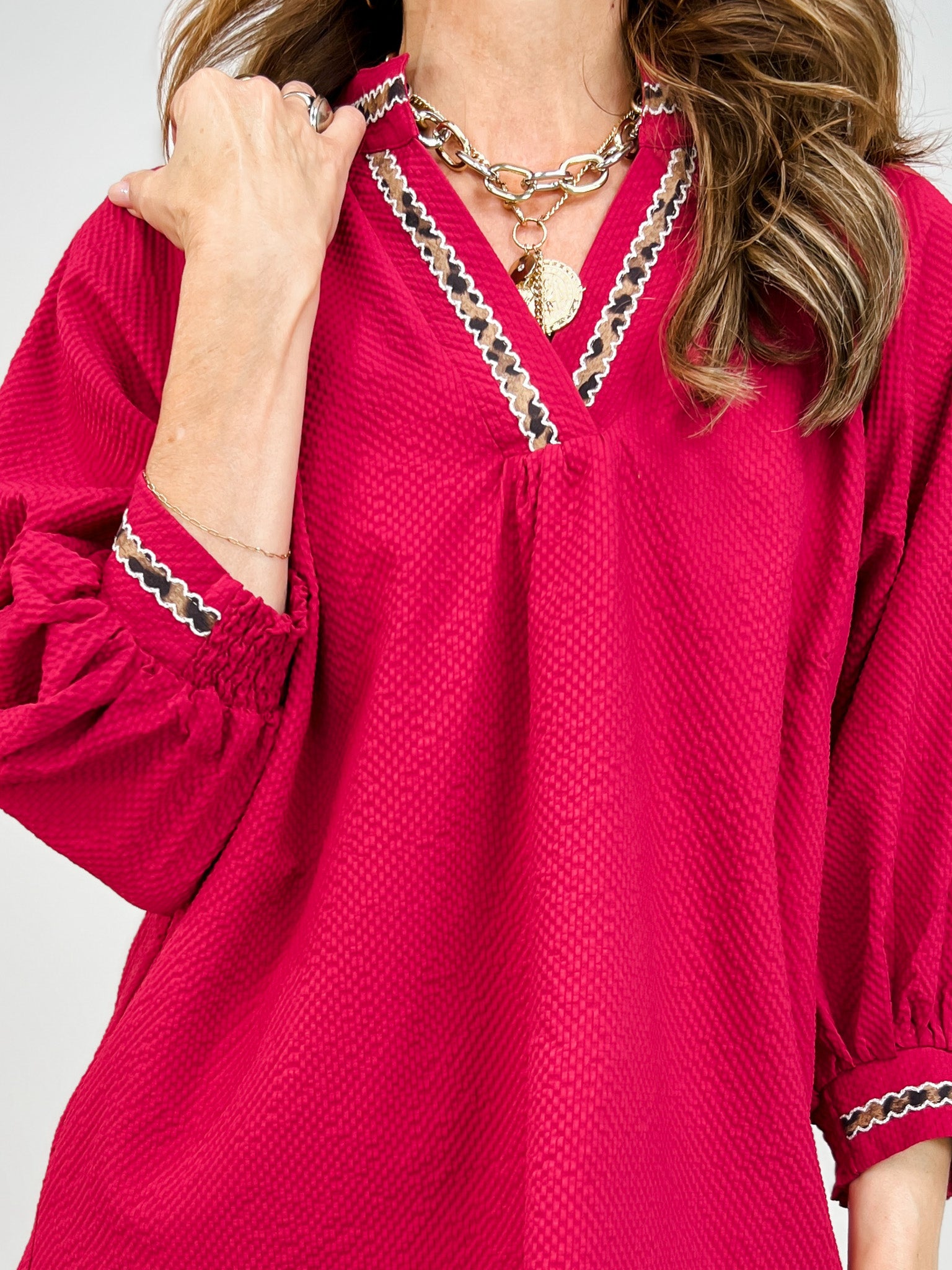 Puff Sleeves V Neck Collared Top