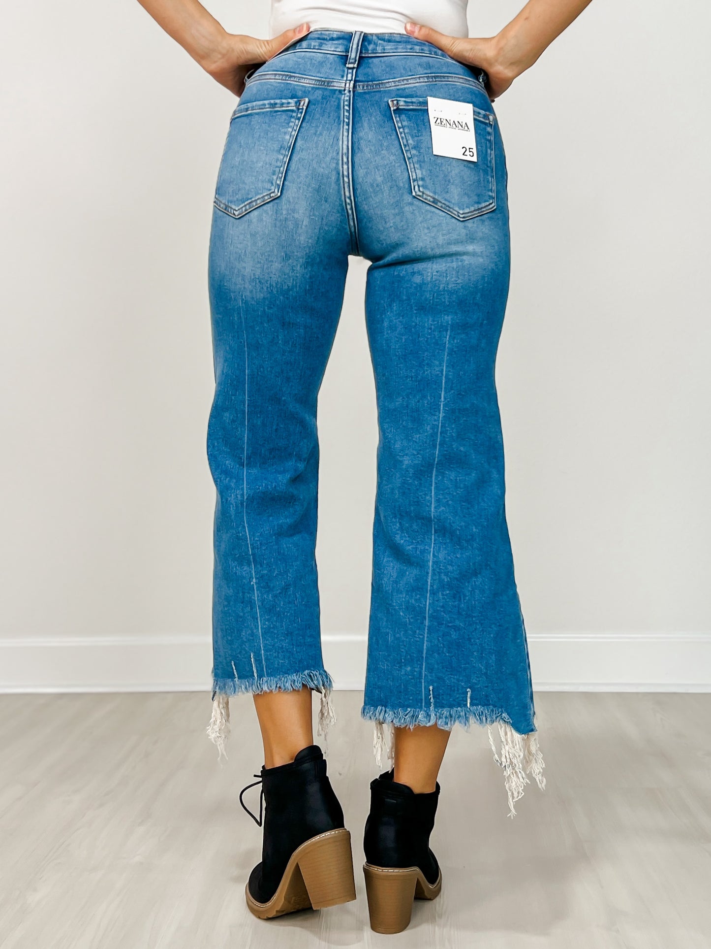 Mid Rise Straight Raw Hem Denim Pants