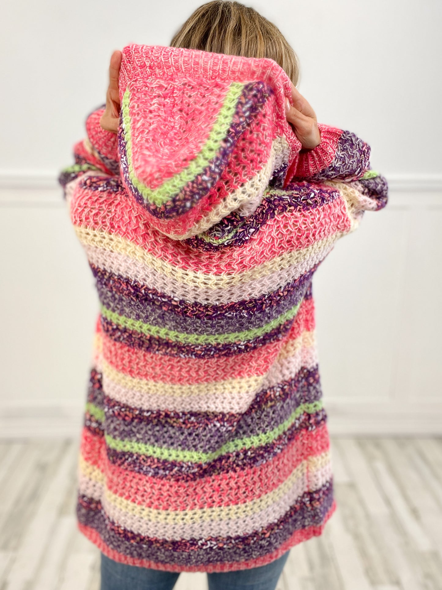 Sure Shot Multi Color Striped Sweater Cardigan with Hood