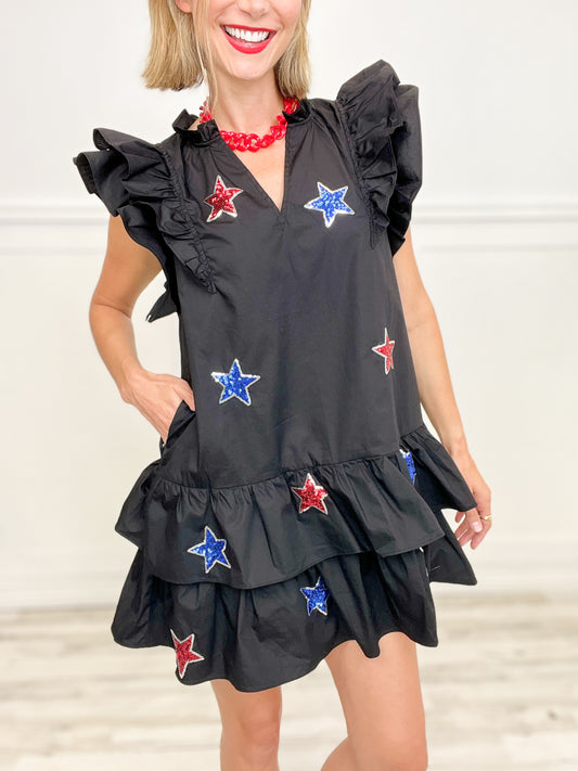 Americana Sequin Stars Ruffle Mini Poplin Dress