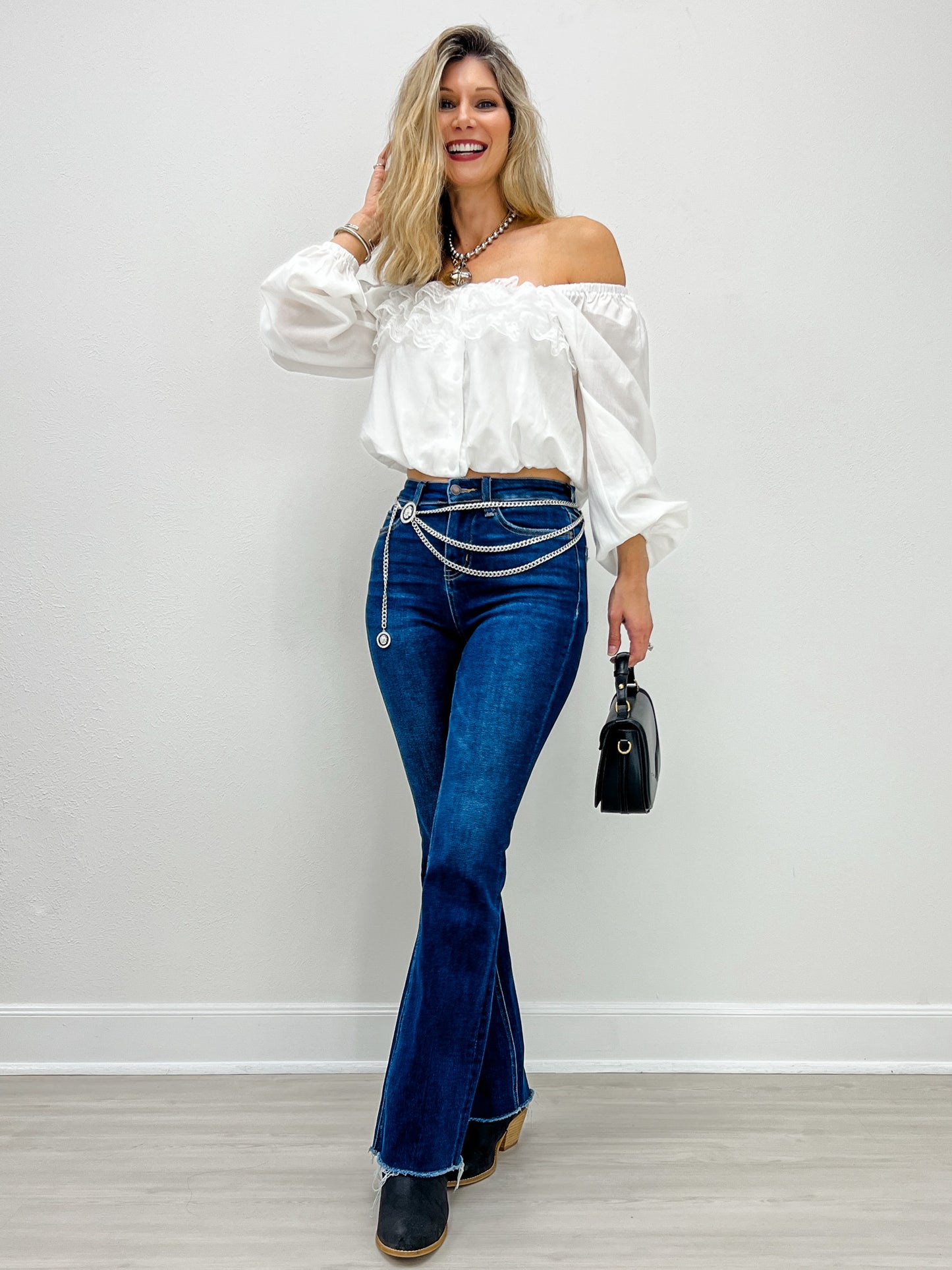 White Lace Ruffle Square-neck Blouse