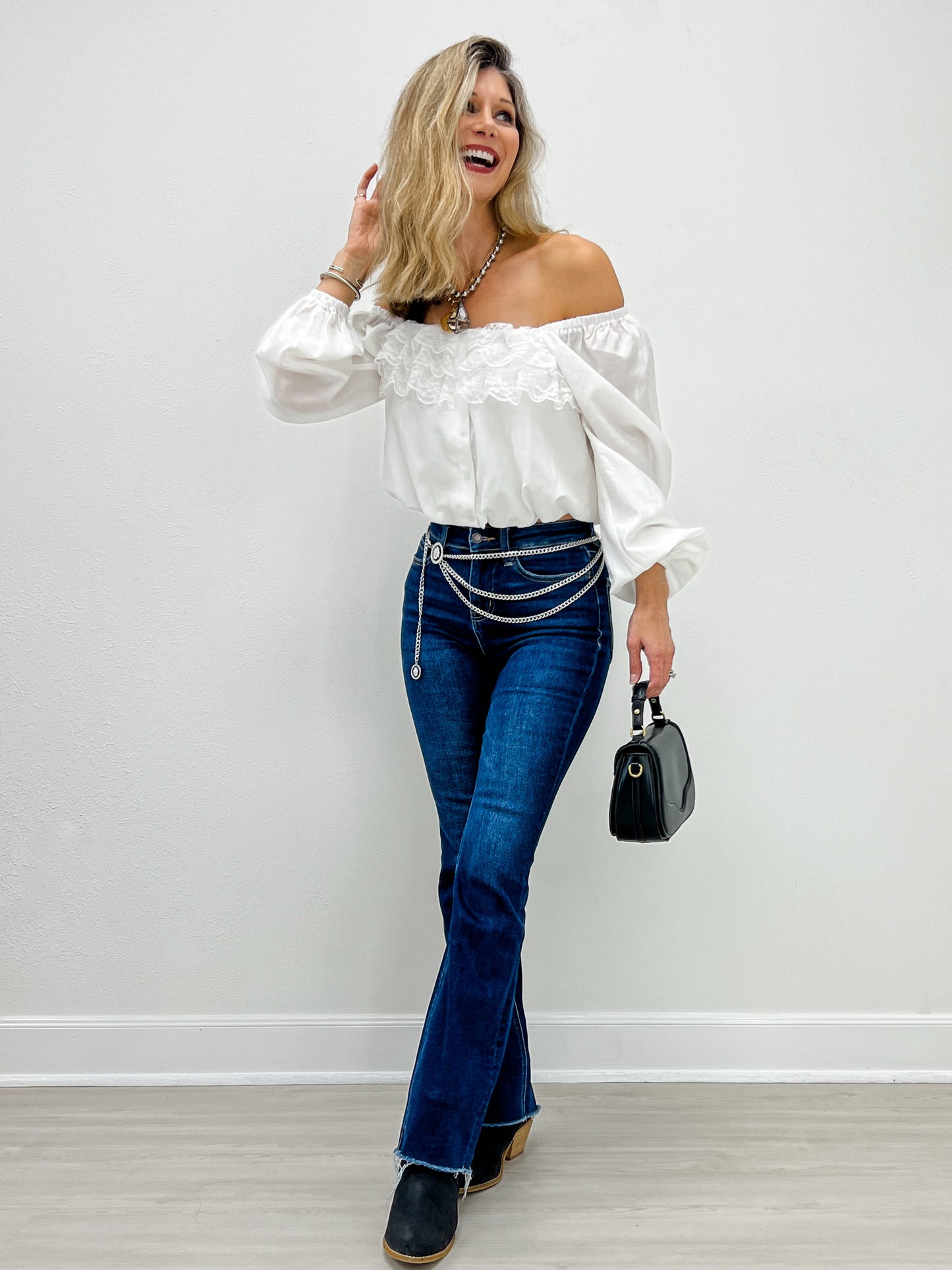 White Lace Ruffle Square-neck Blouse