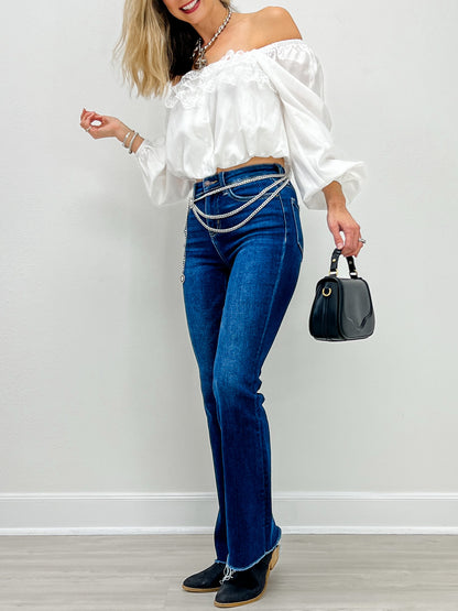 White Lace Ruffle Square-neck Blouse