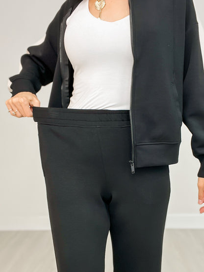 Modal Scuba Striping Zip-Up Jacket with Matching Pants in BLACK/CREAM