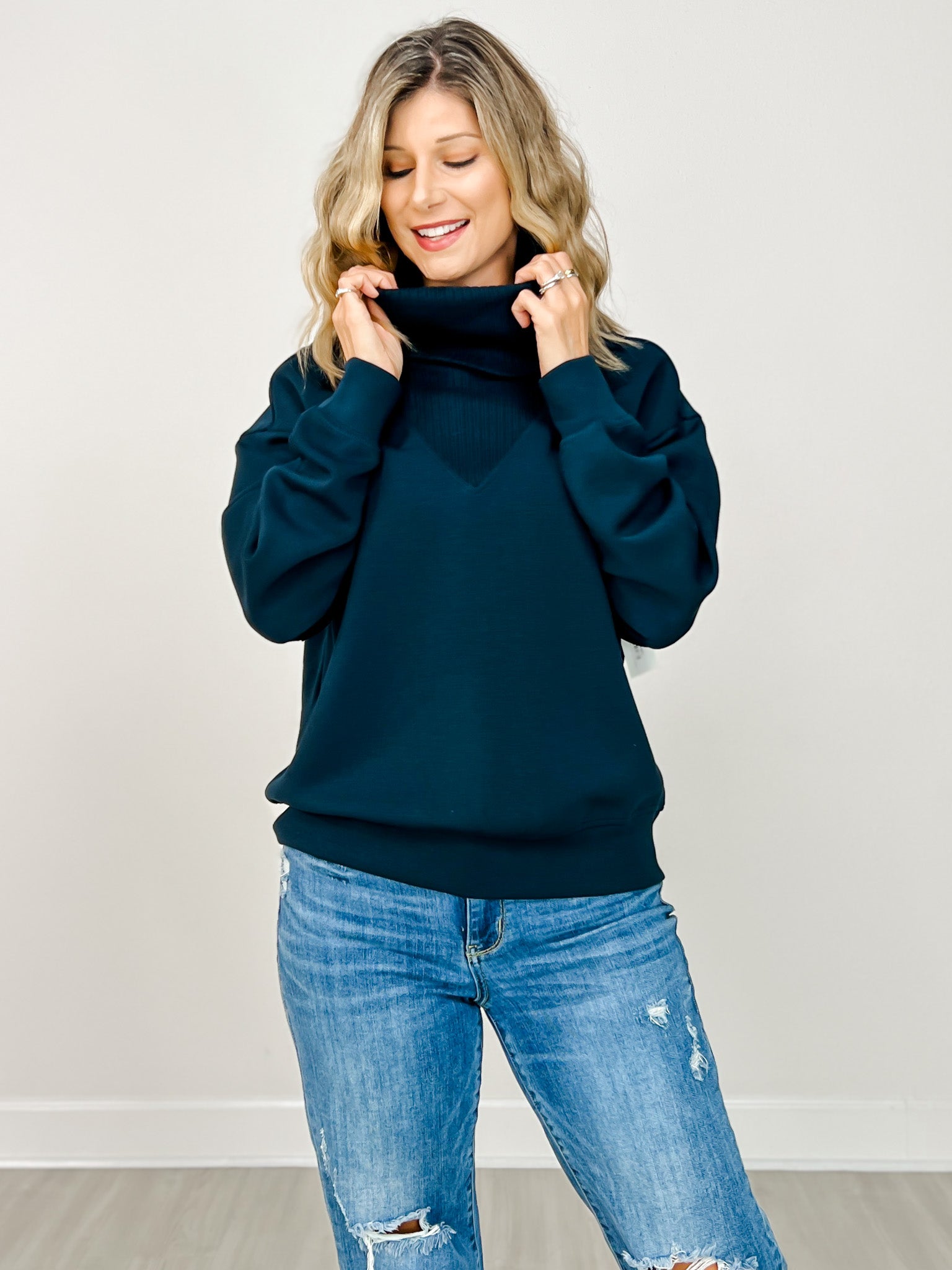 Modal Scuba Luxe Turtleneck Sweatshirt in Teal Navy