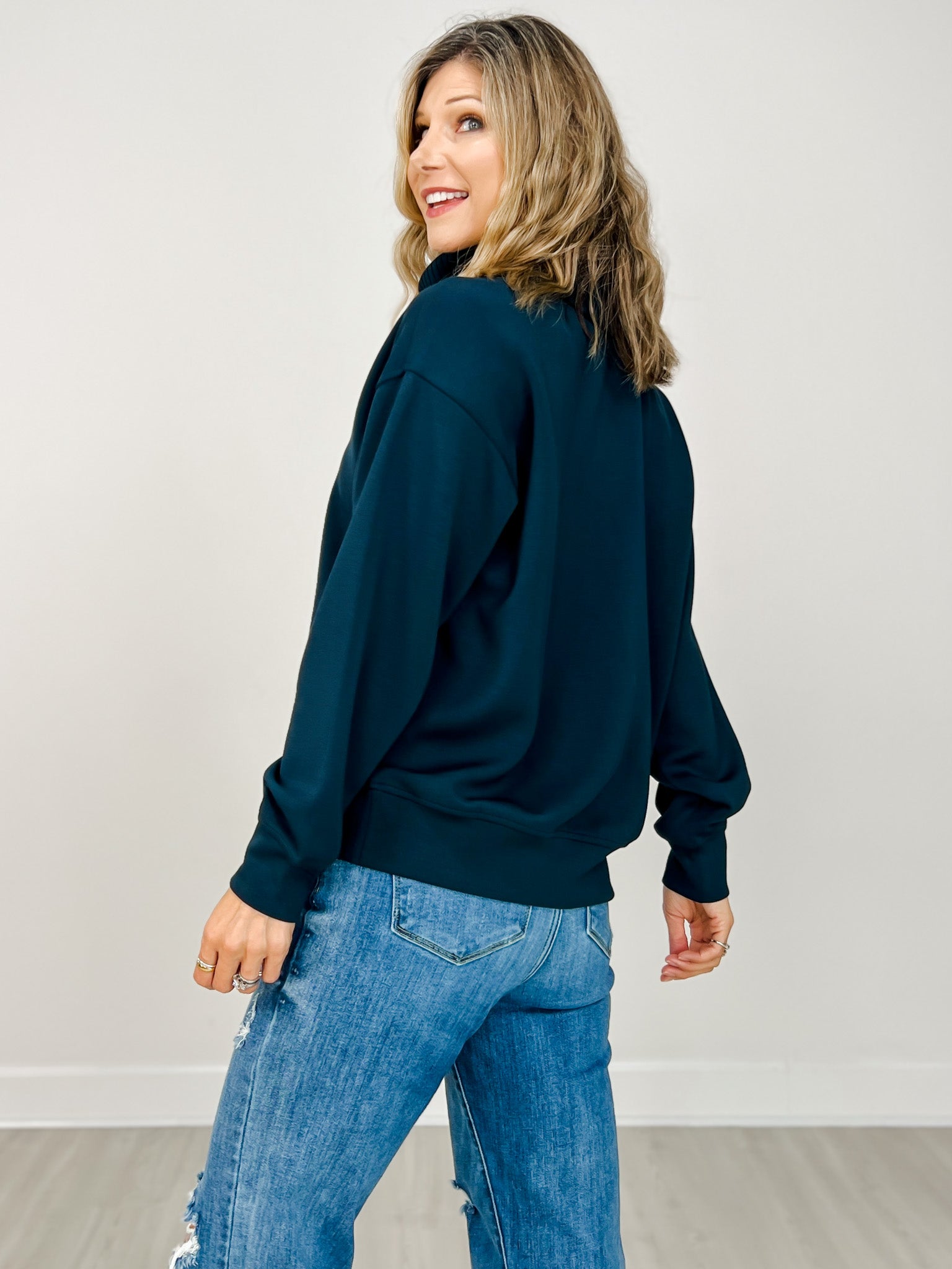 Modal Scuba Luxe Turtleneck Sweatshirt in Teal Navy