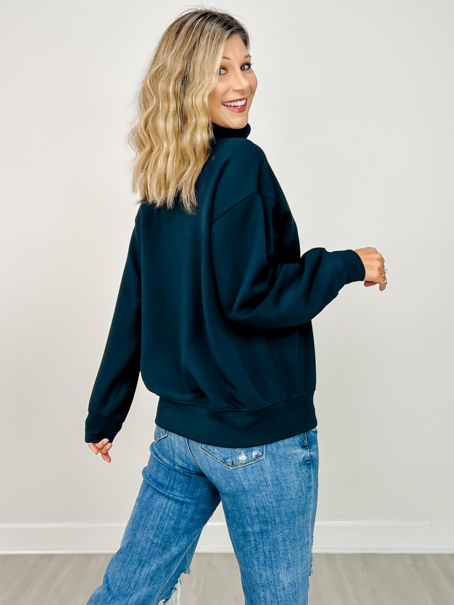 Modal Scuba Luxe Turtleneck Sweatshirt in Teal Navy