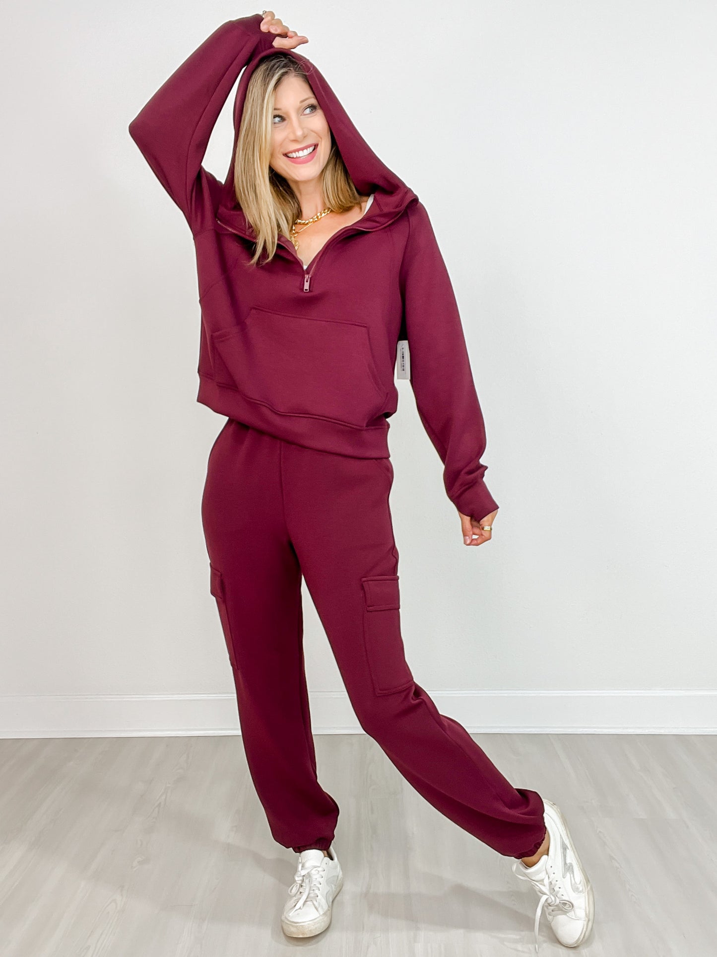 Scuba Quarter Zip Hoodie Jacket with Matching Pants in WINE