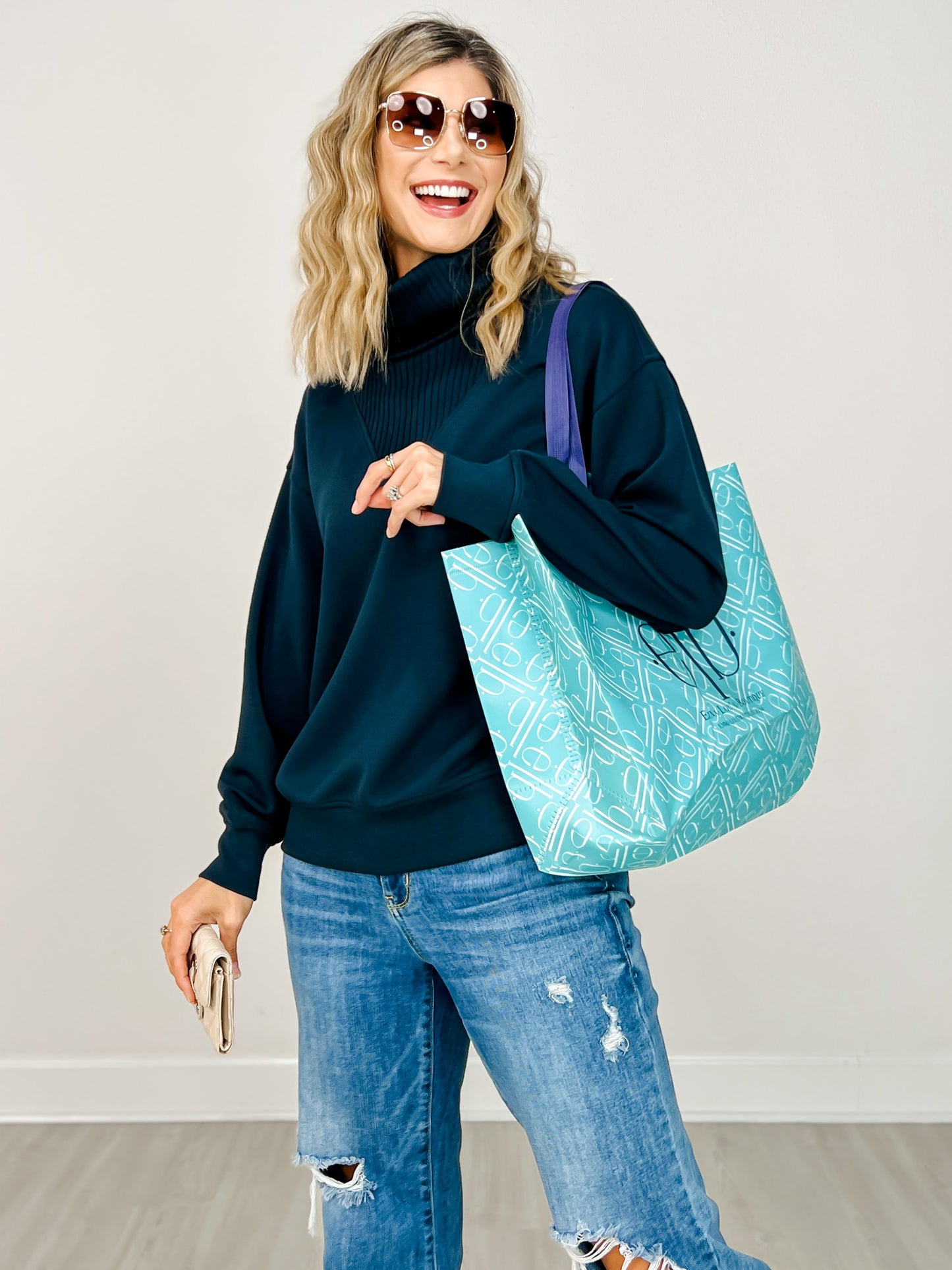 Modal Scuba Luxe Turtleneck Sweatshirt in Teal Navy