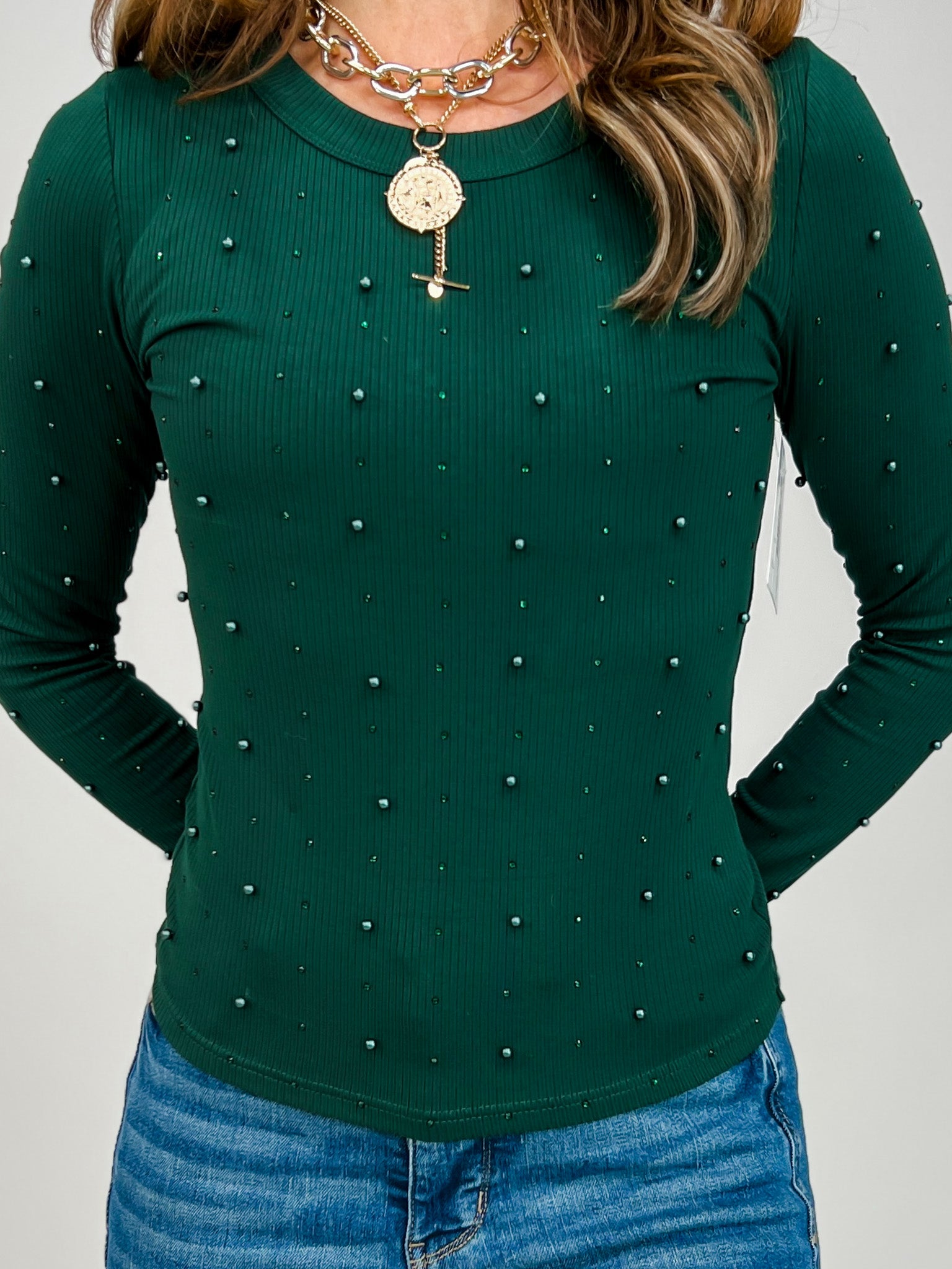 Long Sleeve Knit Top with Pearl Accents