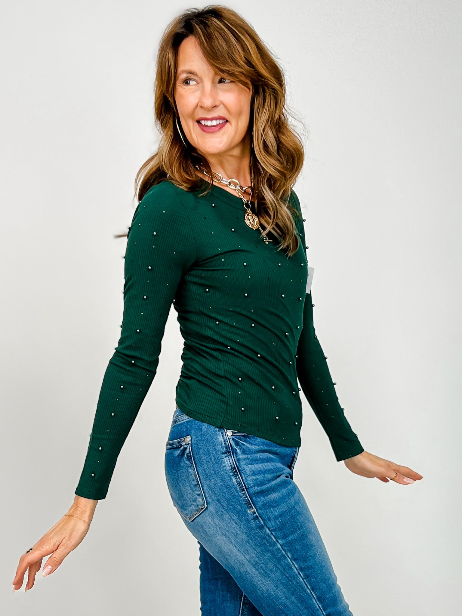 Long Sleeve Knit Top with Pearl Accents